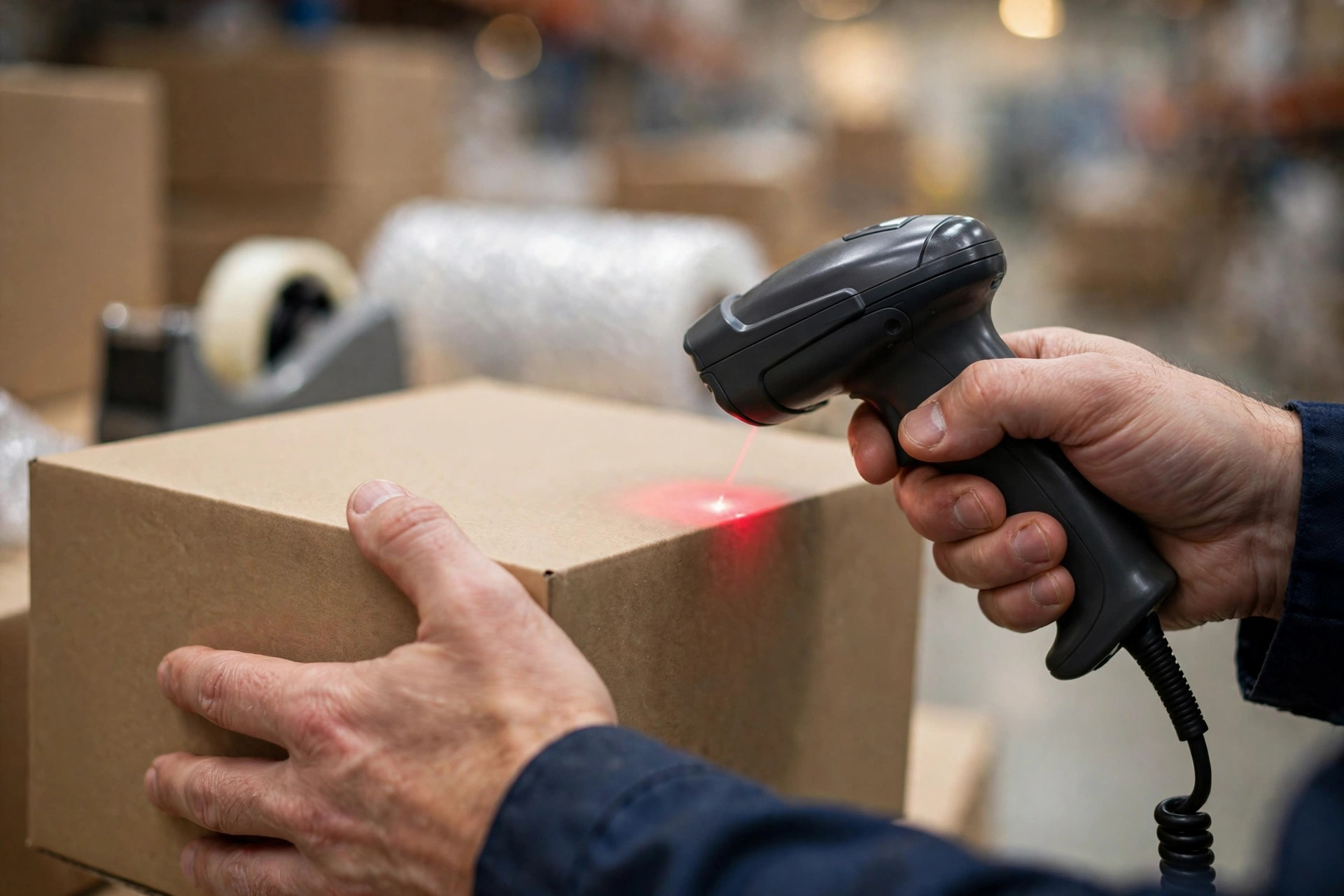 Primer plano de un trabajador escaneando un código de barras en una caja en una estación de empaque