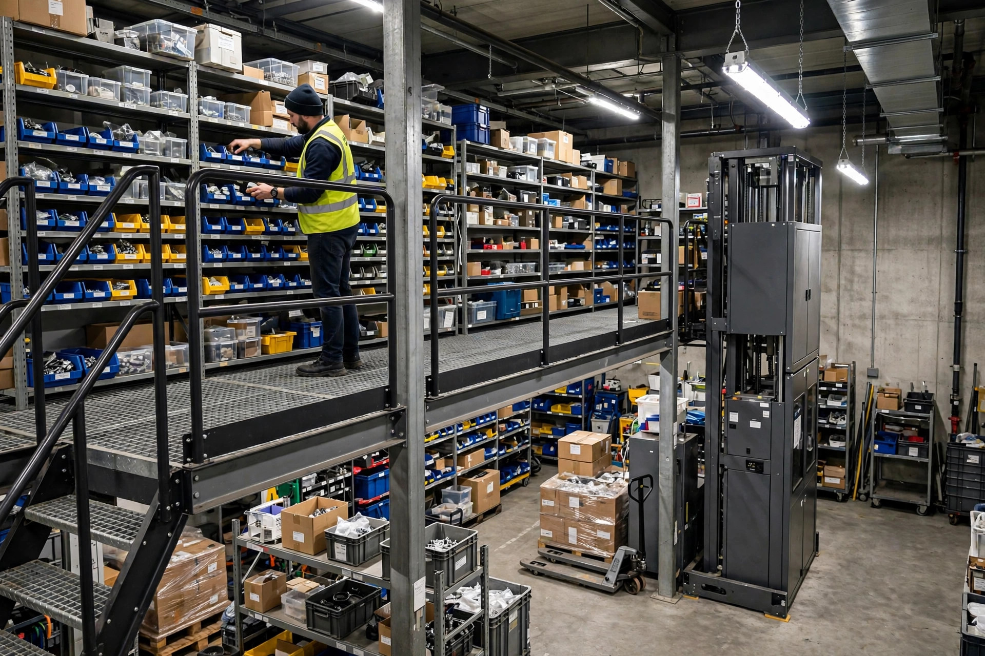 Mezzanine racking and a vertical lift module working in a small warehouse