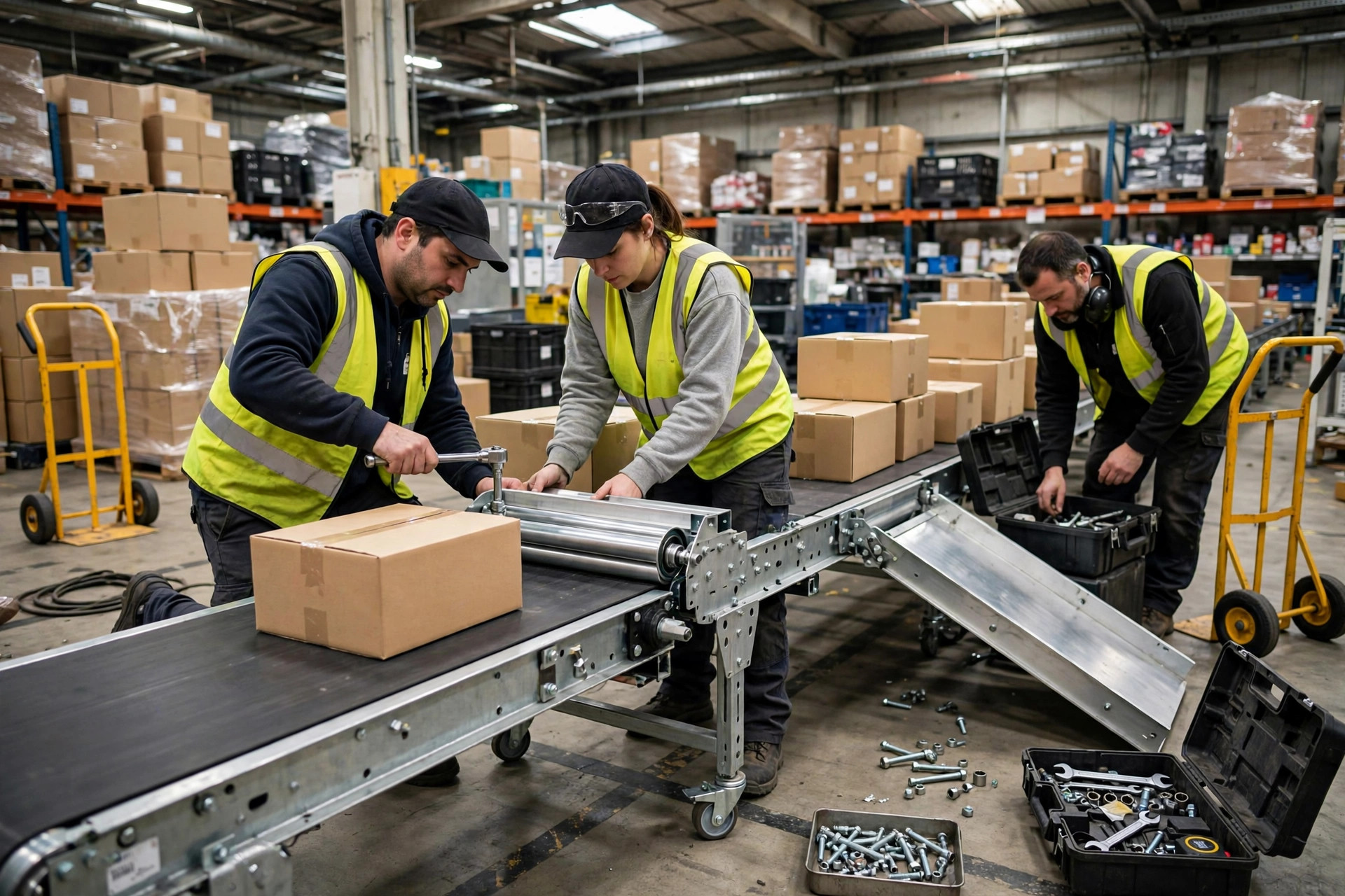 Trabajadores instalando una rampa de rebose temporal en una línea de clasificación de paquetes