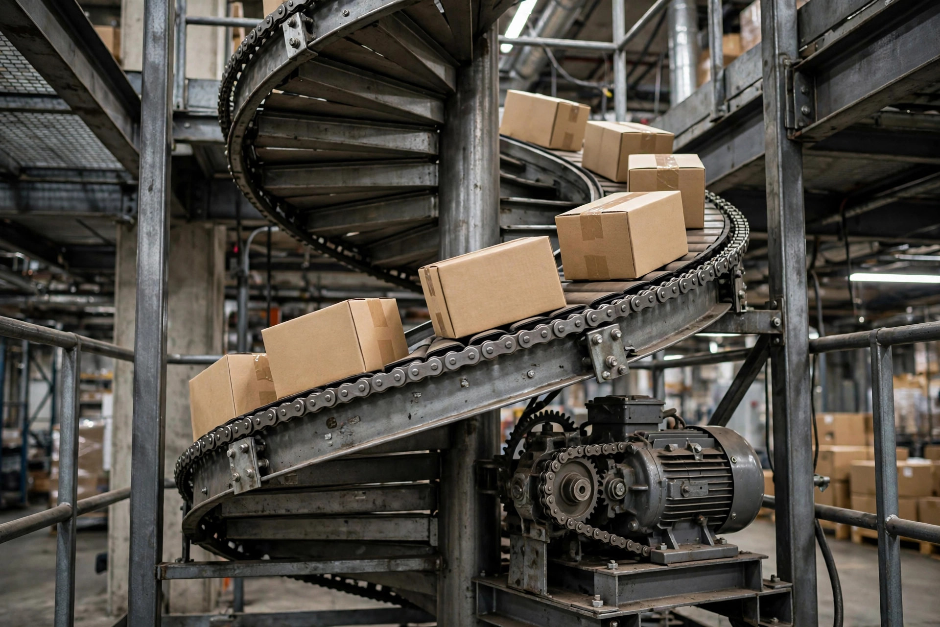 A powered spiral conveyor moving cartons from the ground floor to the second floor