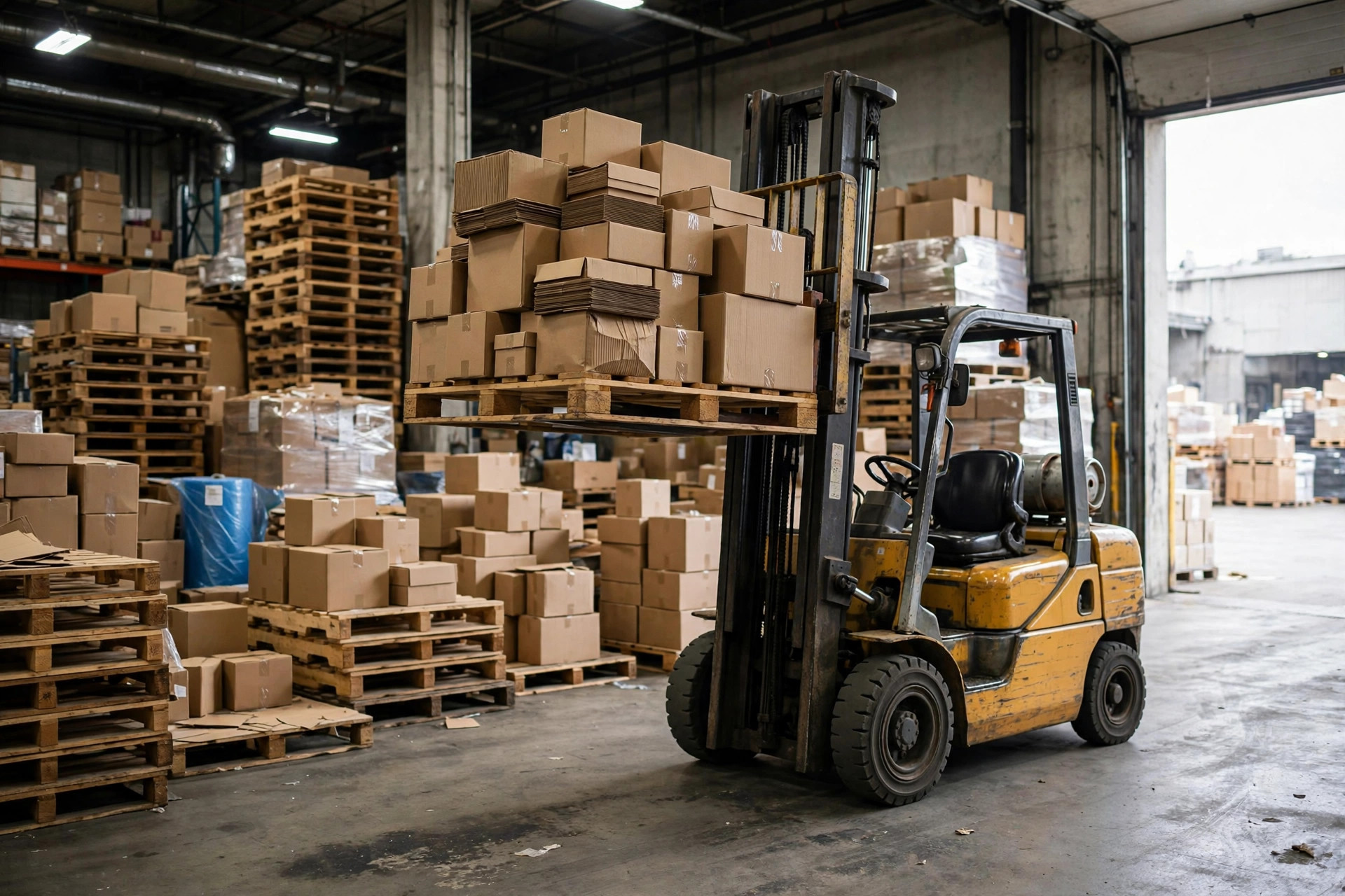 Forklift lifting a pallet at a warehouse receiving dock