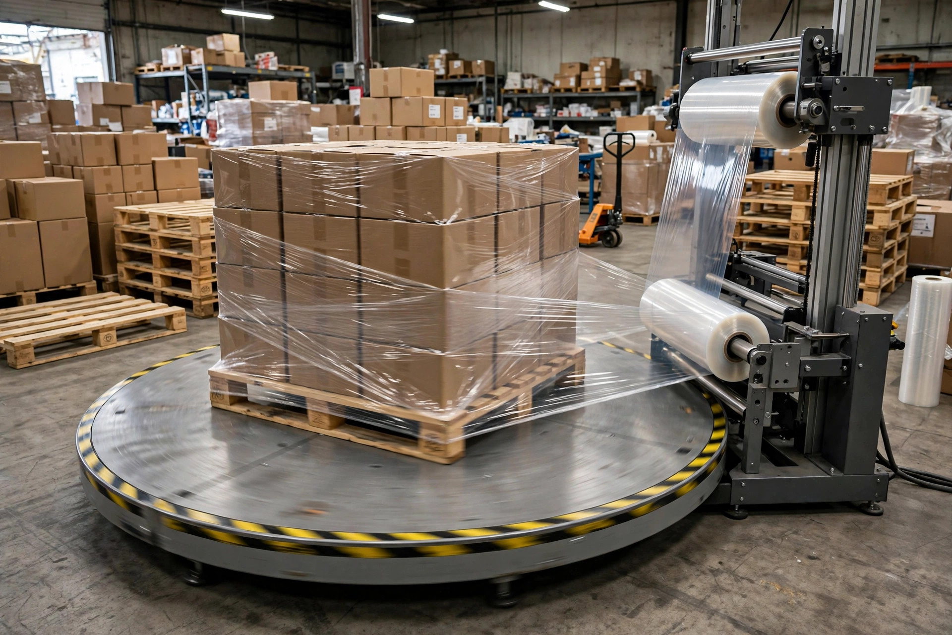A turntable stretch wrapper wrapping a pallet in a warehouse packing zone