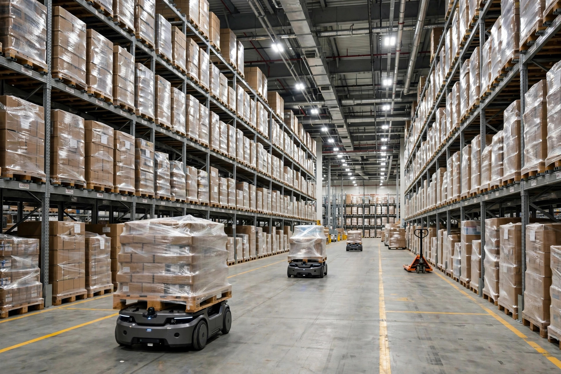 AMRs operating in a warehouse aisle