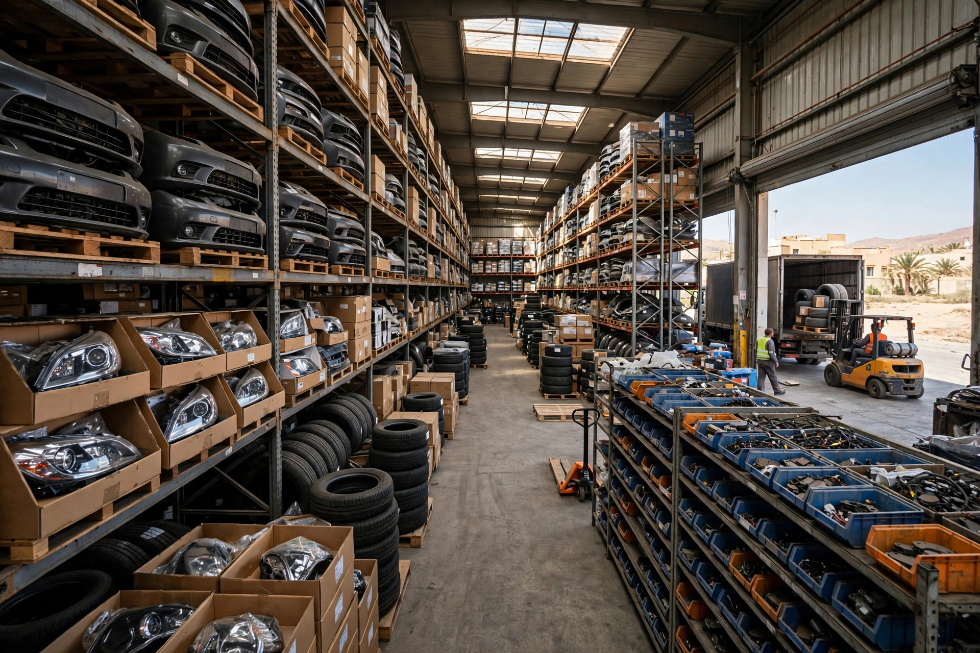 Inside a Tangier Med automotive parts warehouse: forklift loading a JIT delivery truck at the dock