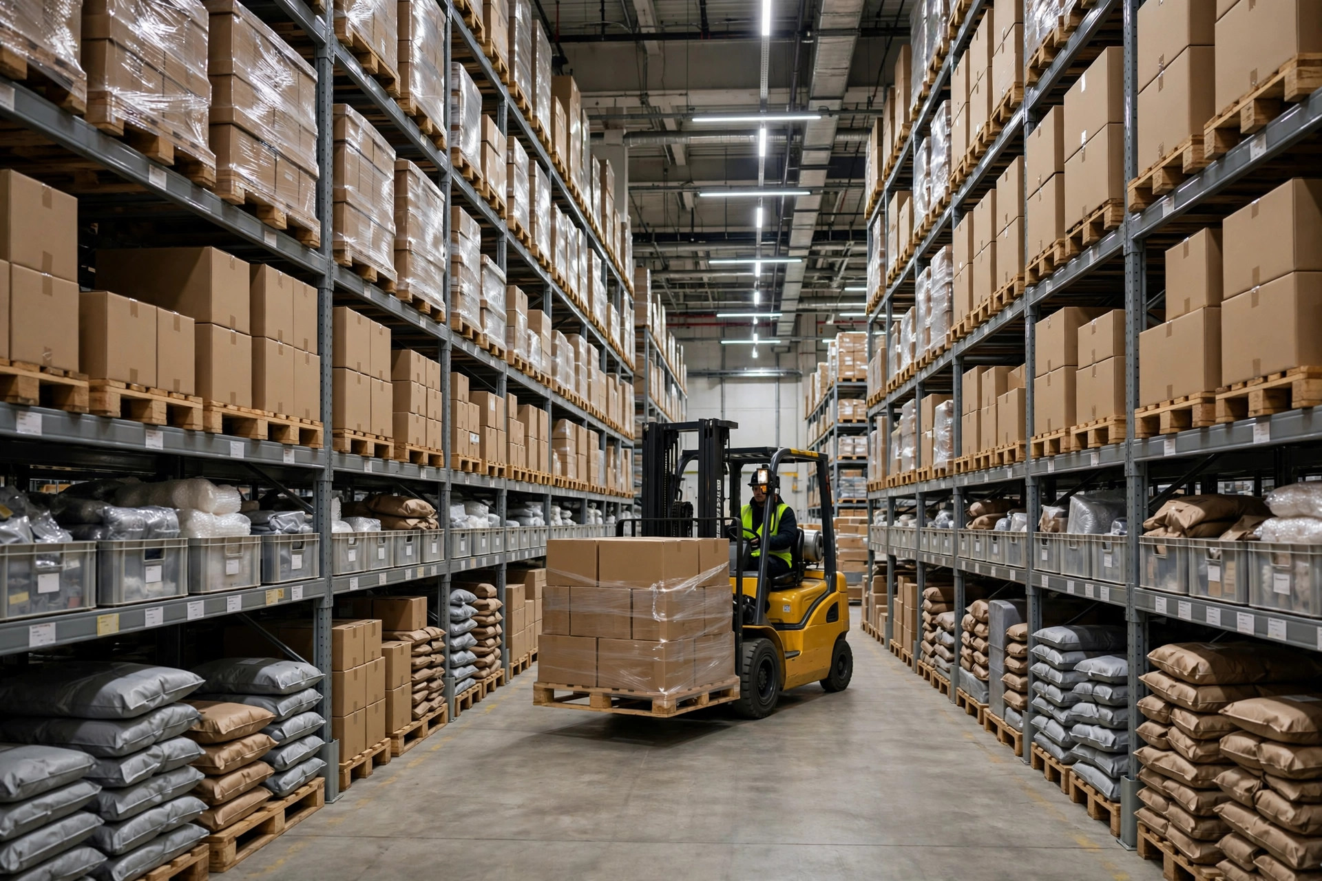 Neatly stocked e-commerce inventory on warehouse racks, forklift doing replenishment