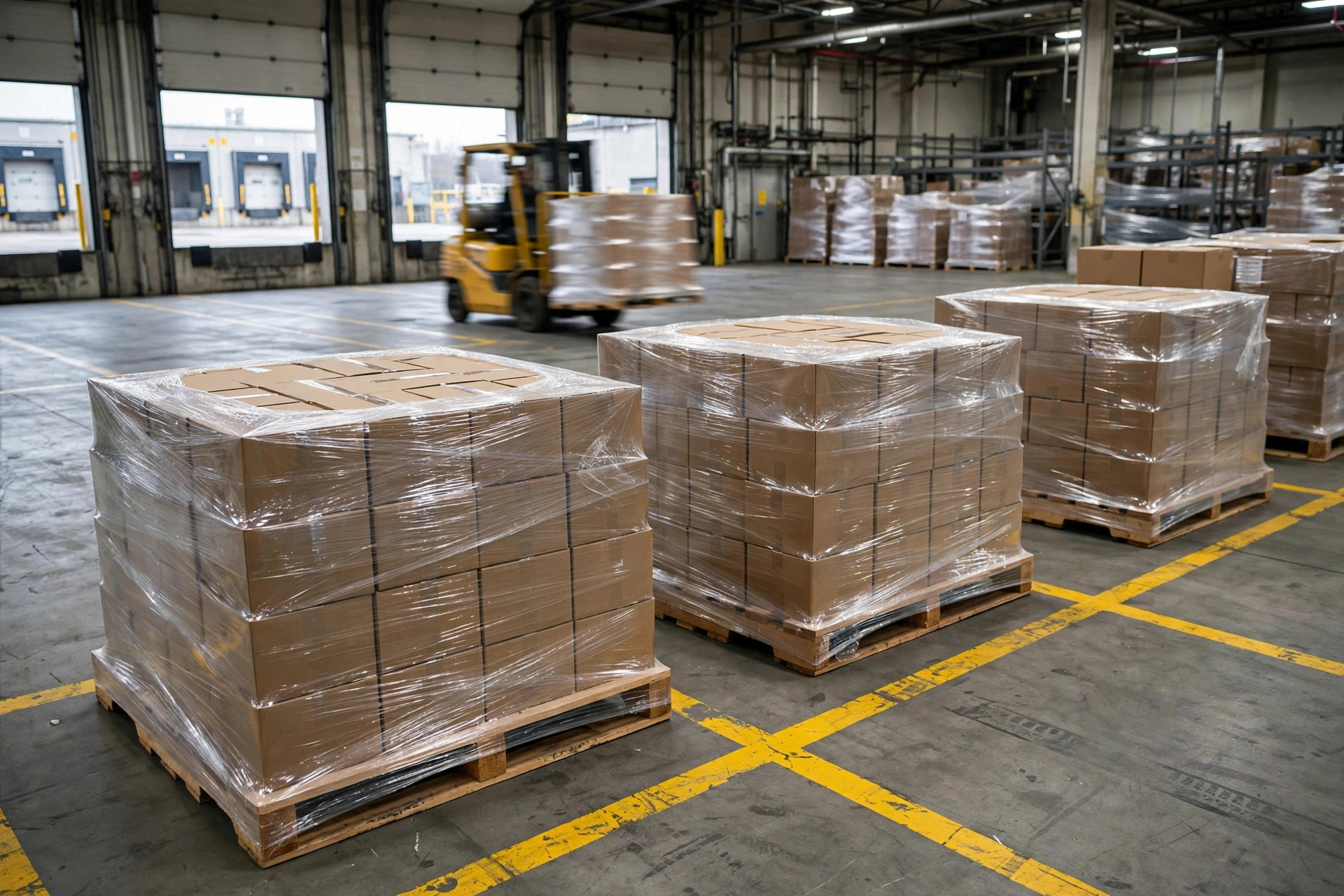 Des employés préparent des colis dans une station d'emballage d'un centre de fulfillment e-commerce