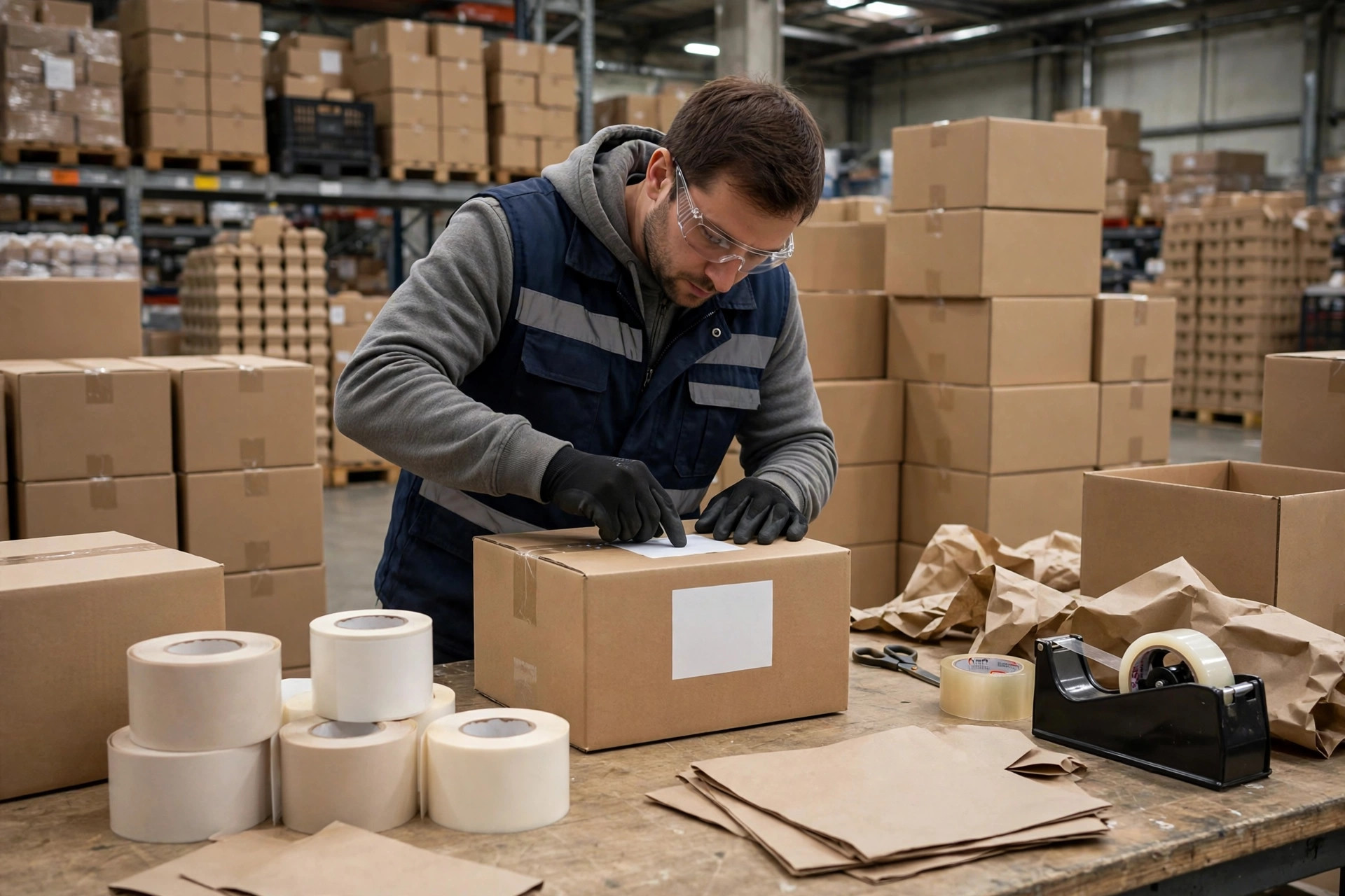 Close-up of shipping labels on cartons, one faded and one crisp, in a small warehouse
