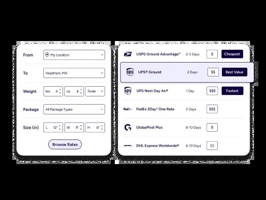 Écran de comparaison de tarifs ShipStation affichant les options de transporteurs