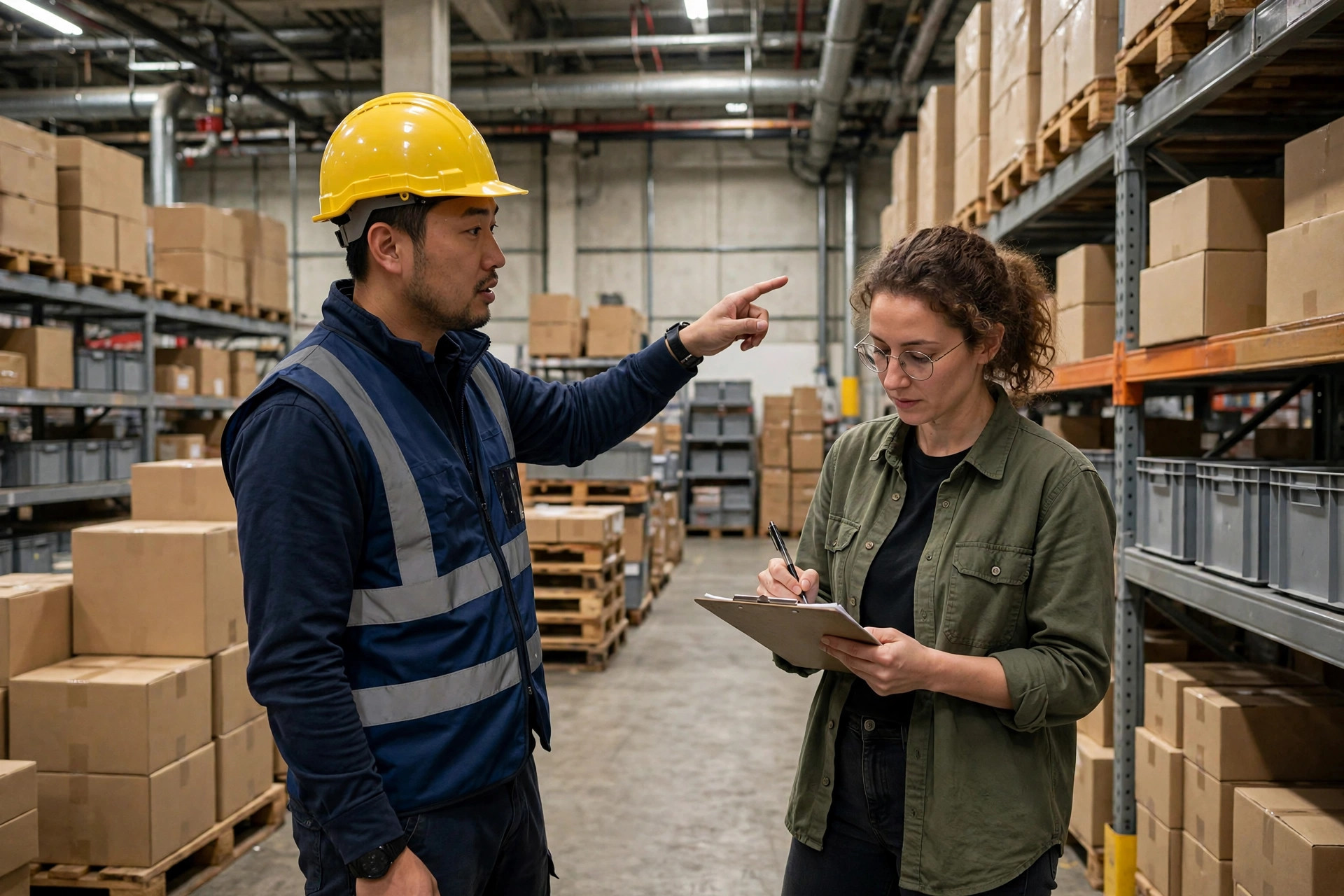 Auditor with a checklist inspecting tall pallet racking