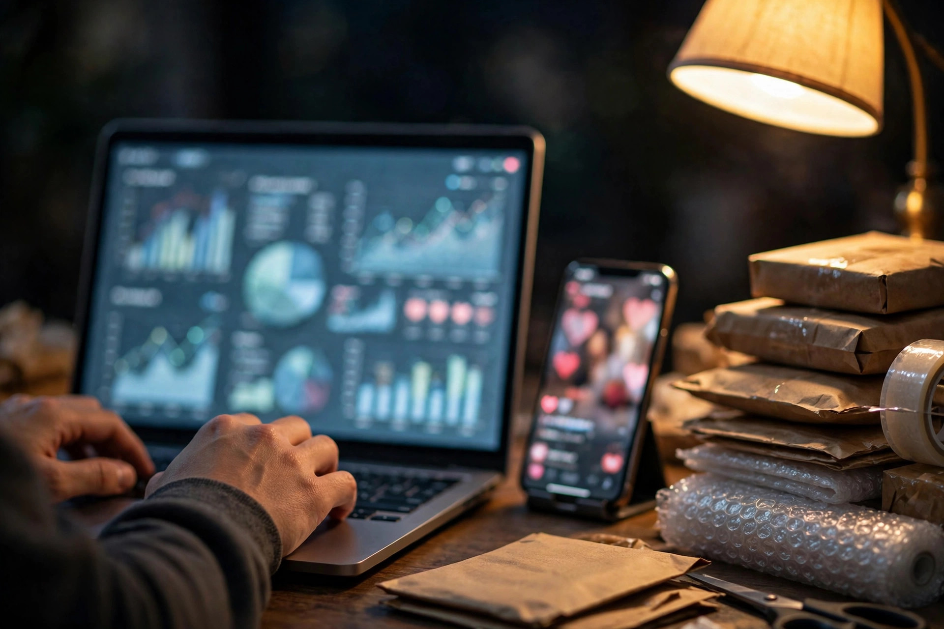 Seller monitoring live-stream sales data and packing progress late at night