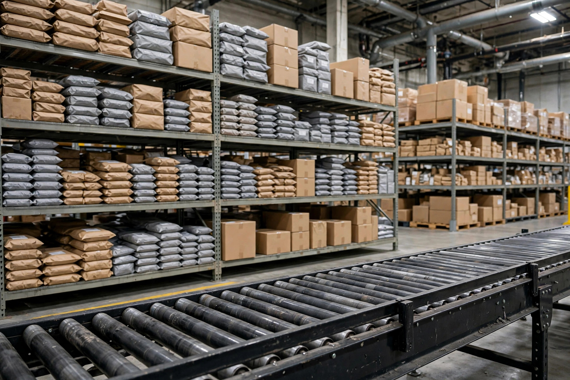 US warehouse shelves with small-parcel ecommerce inventory staged for last-mile pickup