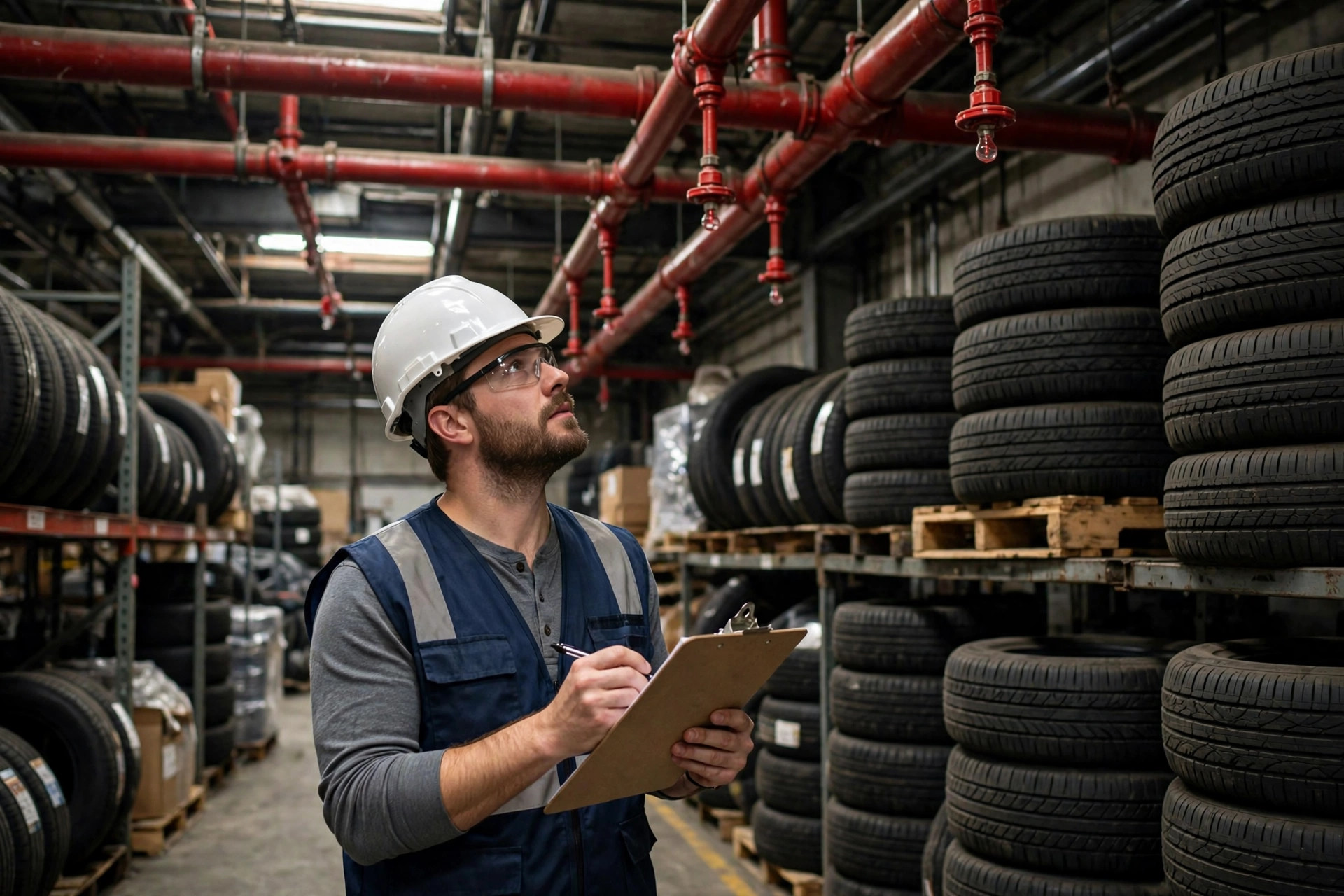 Fire inspector checking sprinkler clearance above tire storage racks