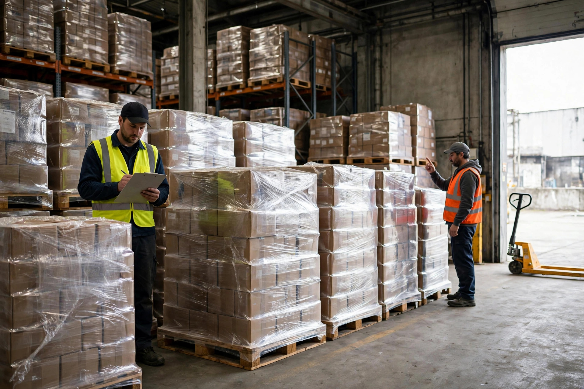 Equipo de recepción del almacén revisando documentos y contando pallets