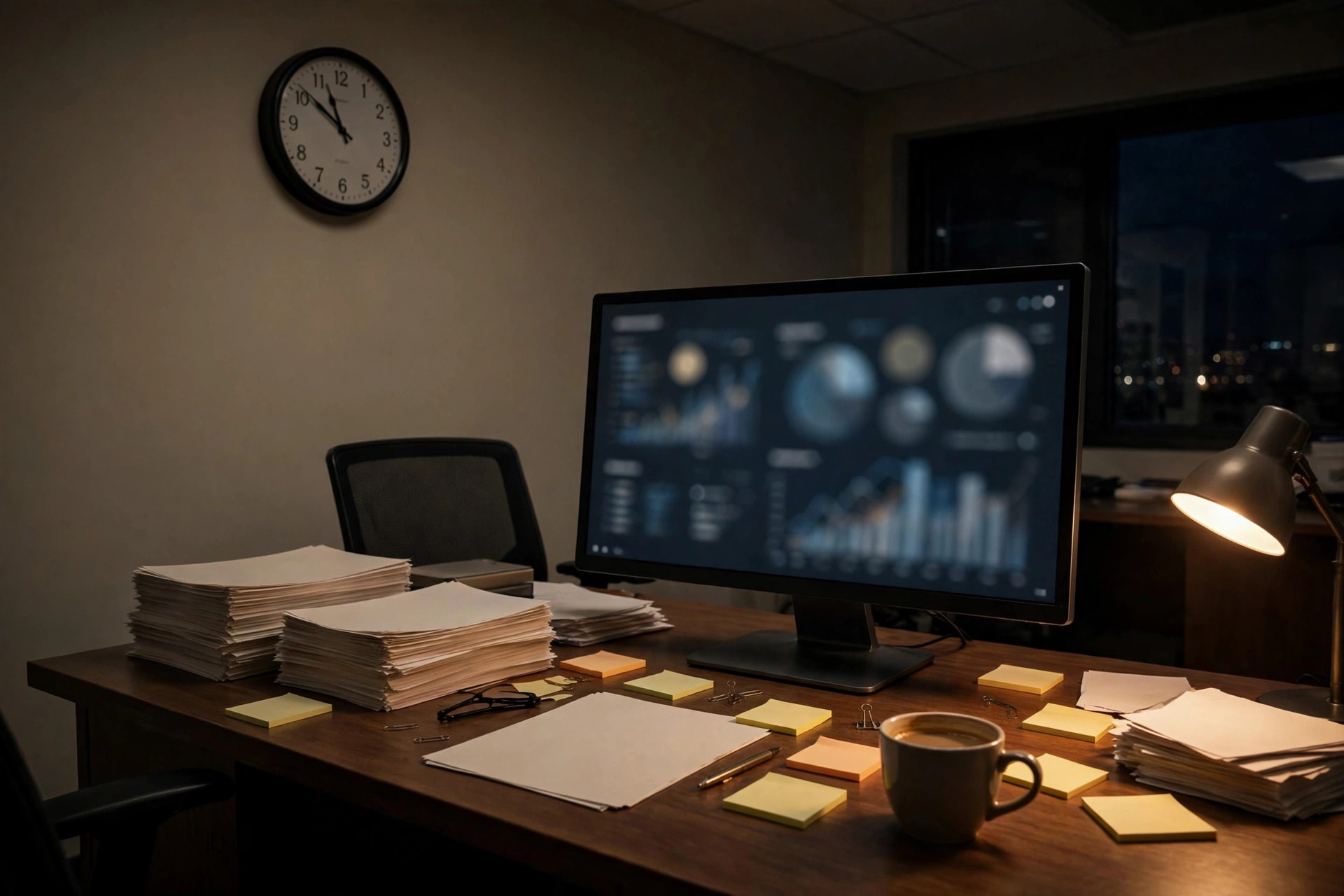 A dispatch office at night, carrier files and rate sheets spread across the desk, a computer showing a data table