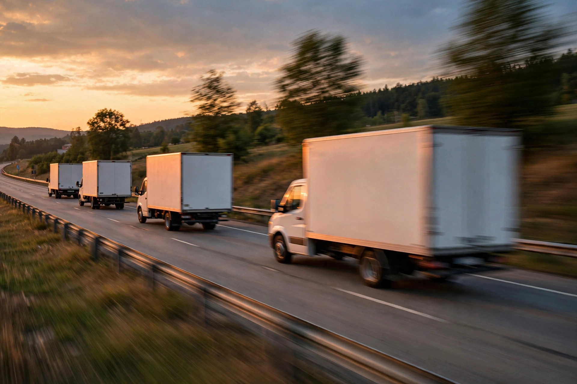 Box trucks and semis rolling down the highway at dusk