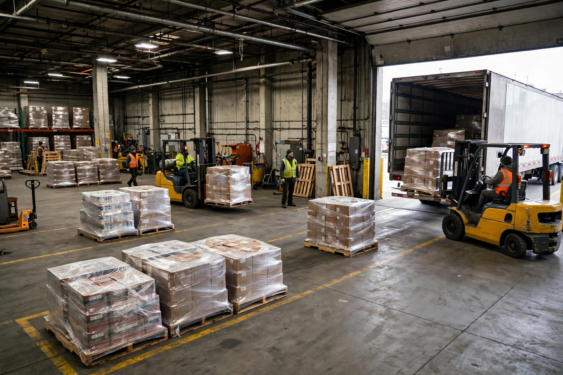 Multiple LTL shipments being consolidated onto one truck at a warehouse dock