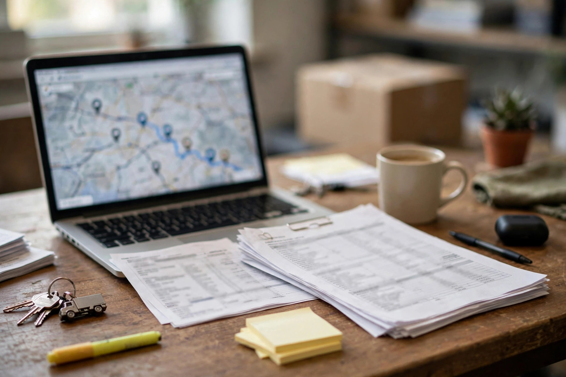 A small company office desk with a laptop and printed delivery paperwork