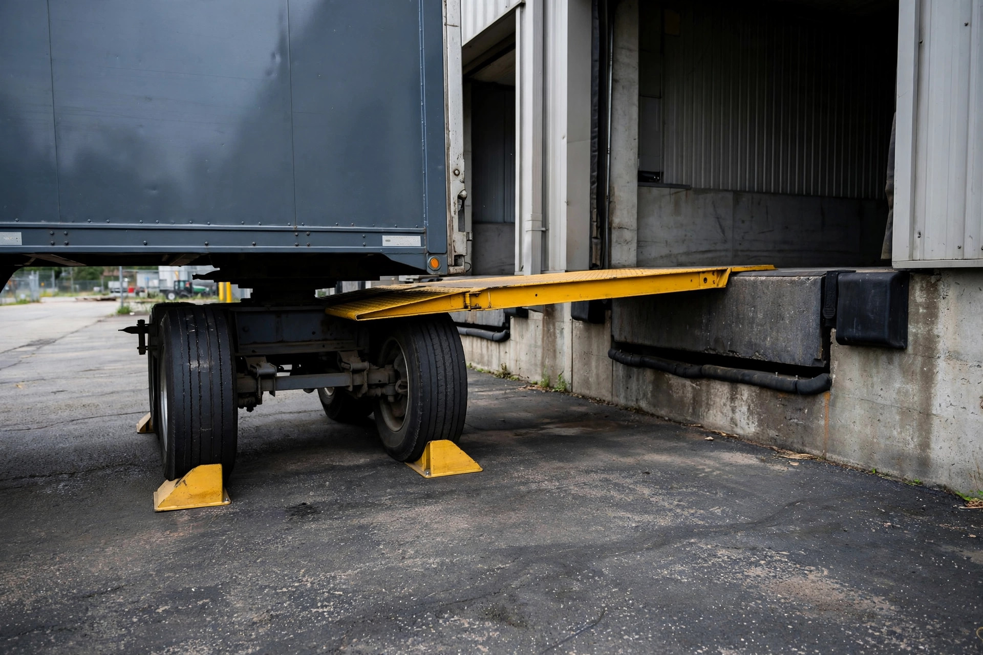 Rear of a trailer spotted tight at the dock, chocks against the rear wheels