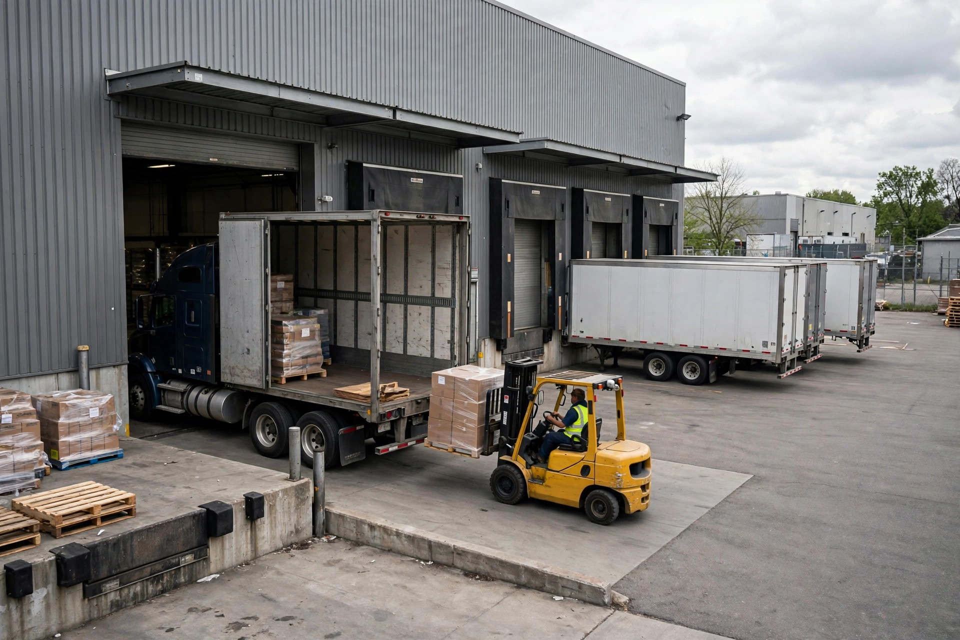 Trucks lined up outside a warehouse distribution center