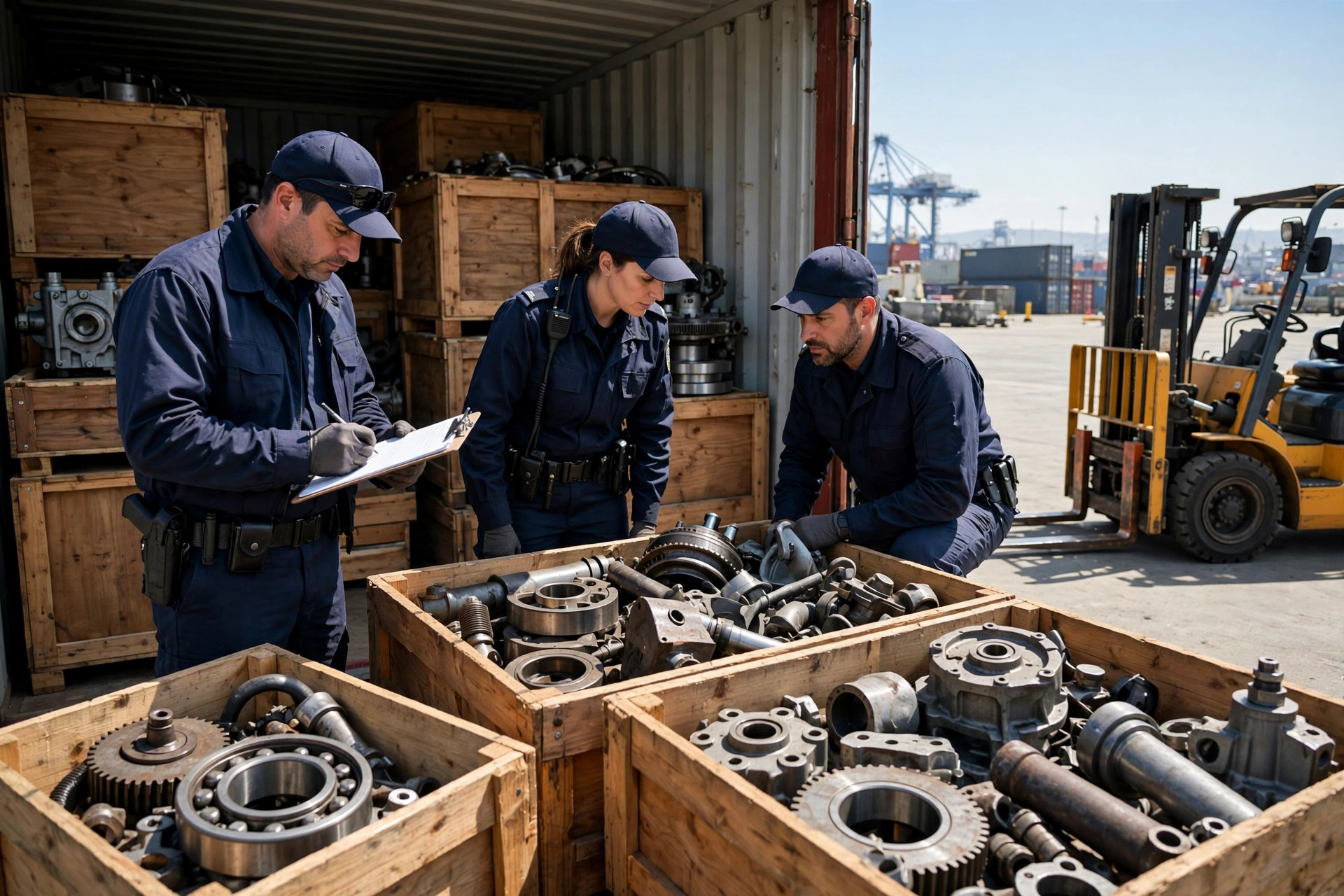 Funcionarios de aduanas inspeccionando un contenedor de carga