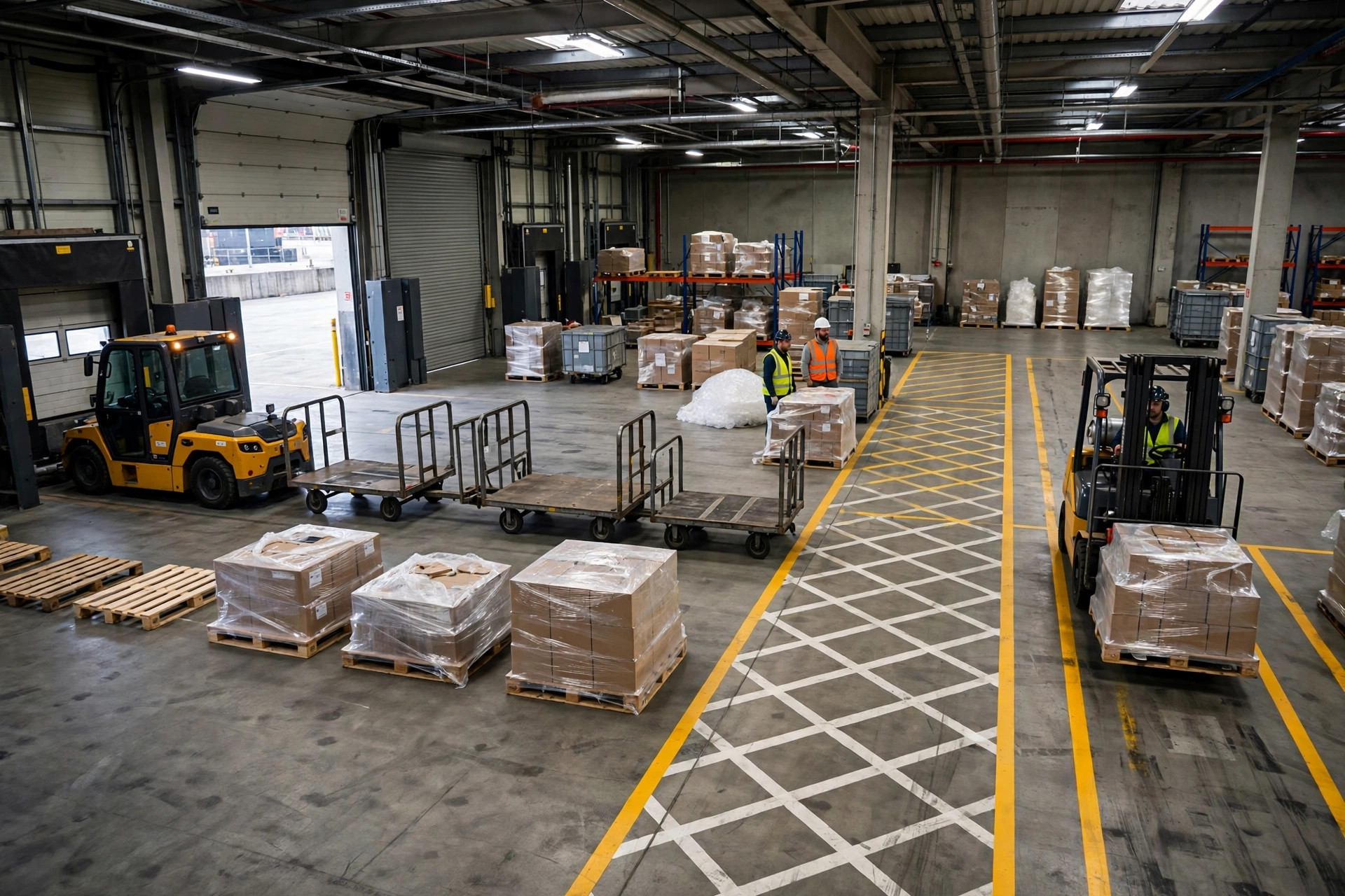 Tugger train running a fixed route between receiving and storage zones, with a forklift working a separate short-shuttle lane