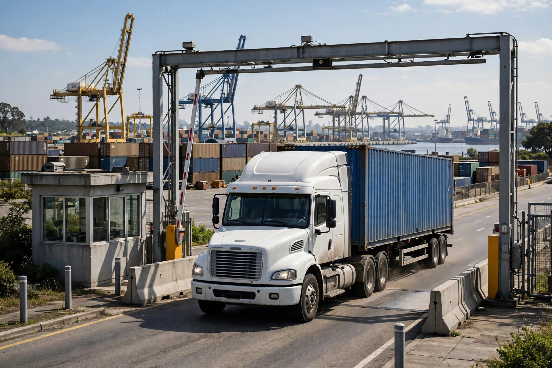 Container trucks lined up at a port terminal gate