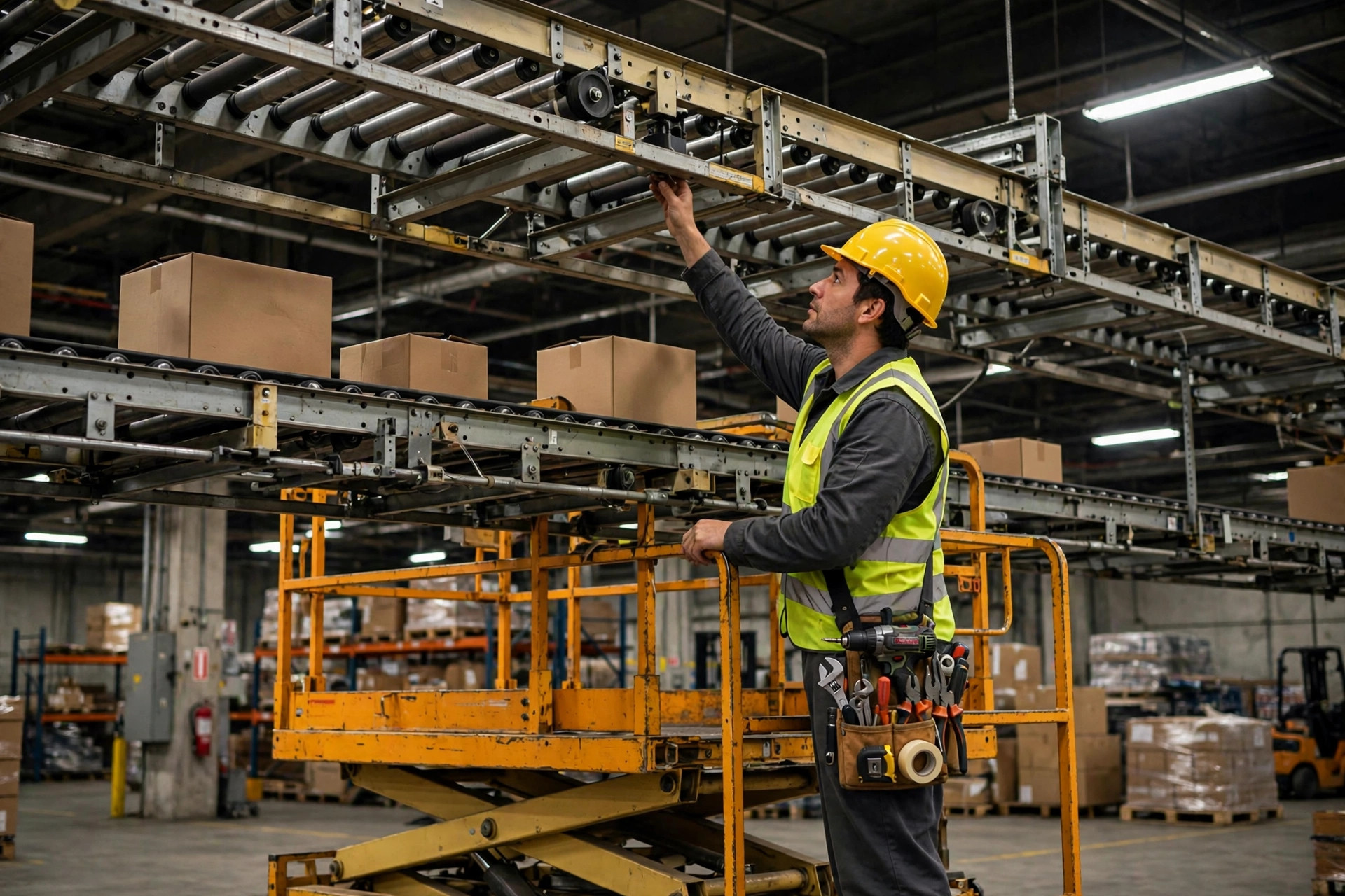 Un técnico de mantenimiento en una plataforma elevada dando servicio al nivel superior de un transportador
