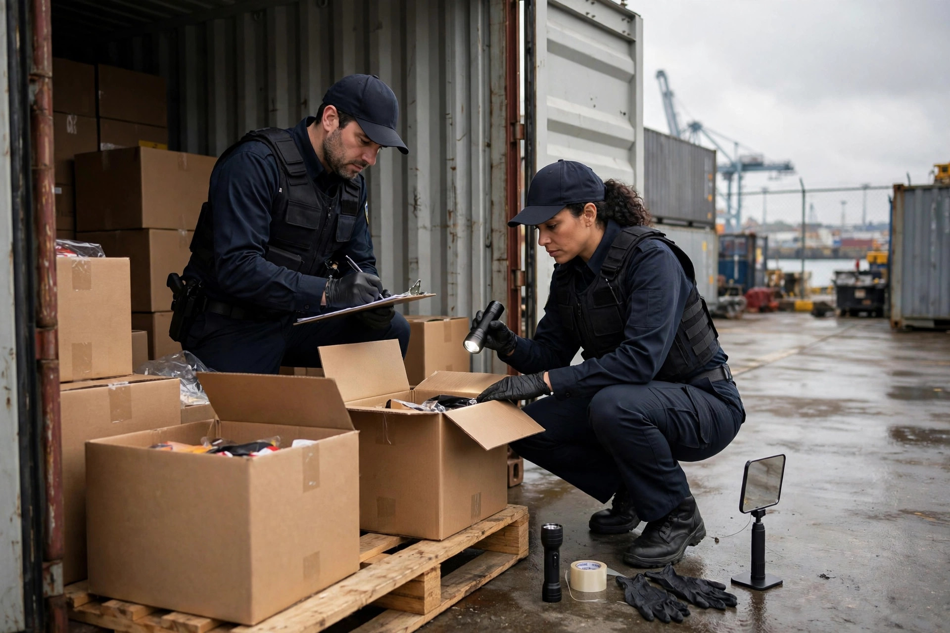 CBP officers examining container cargo