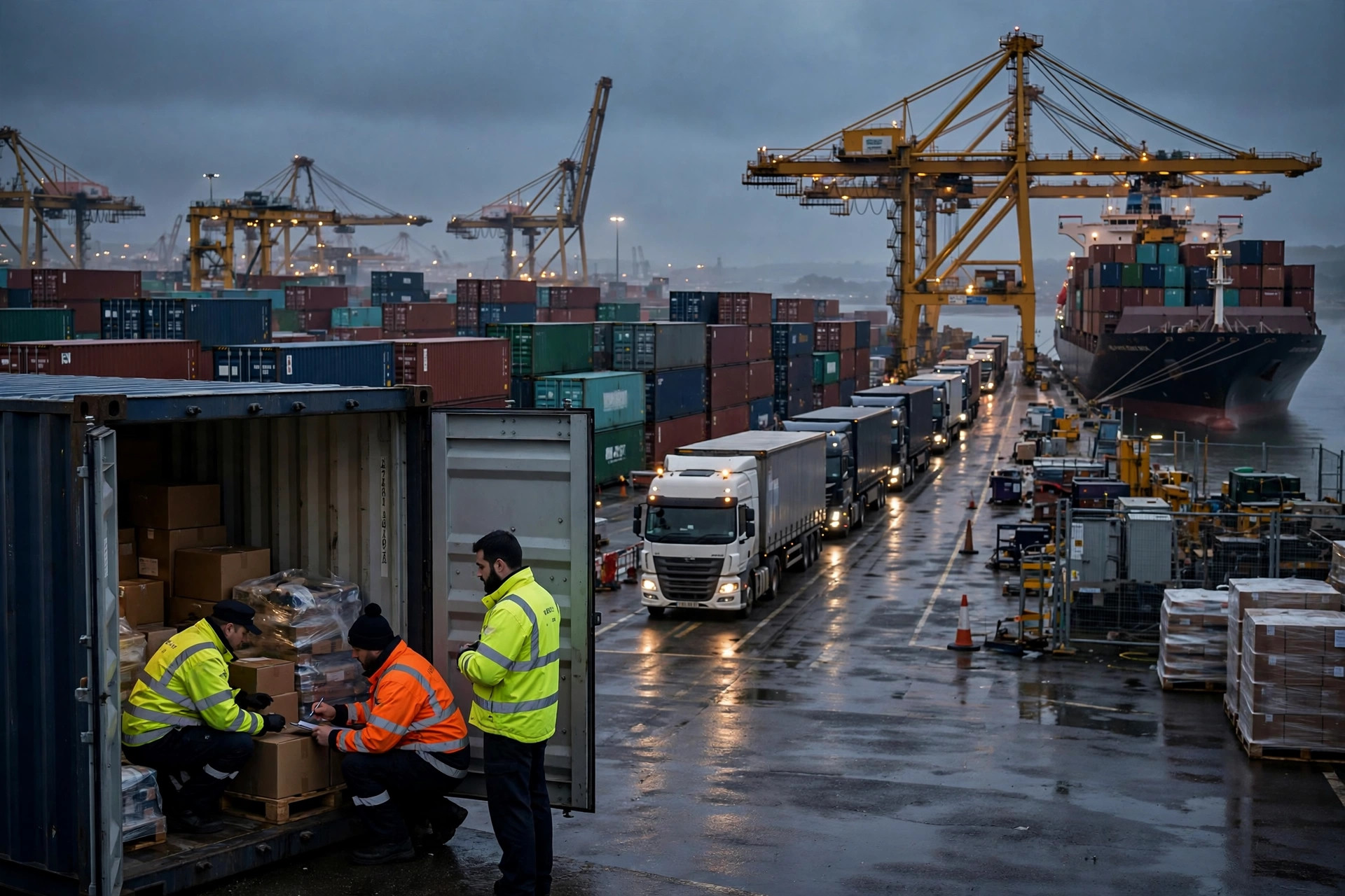 Container terminal at a UK seaport at dusk, an opened container under customs inspection, officers and queuing lorries