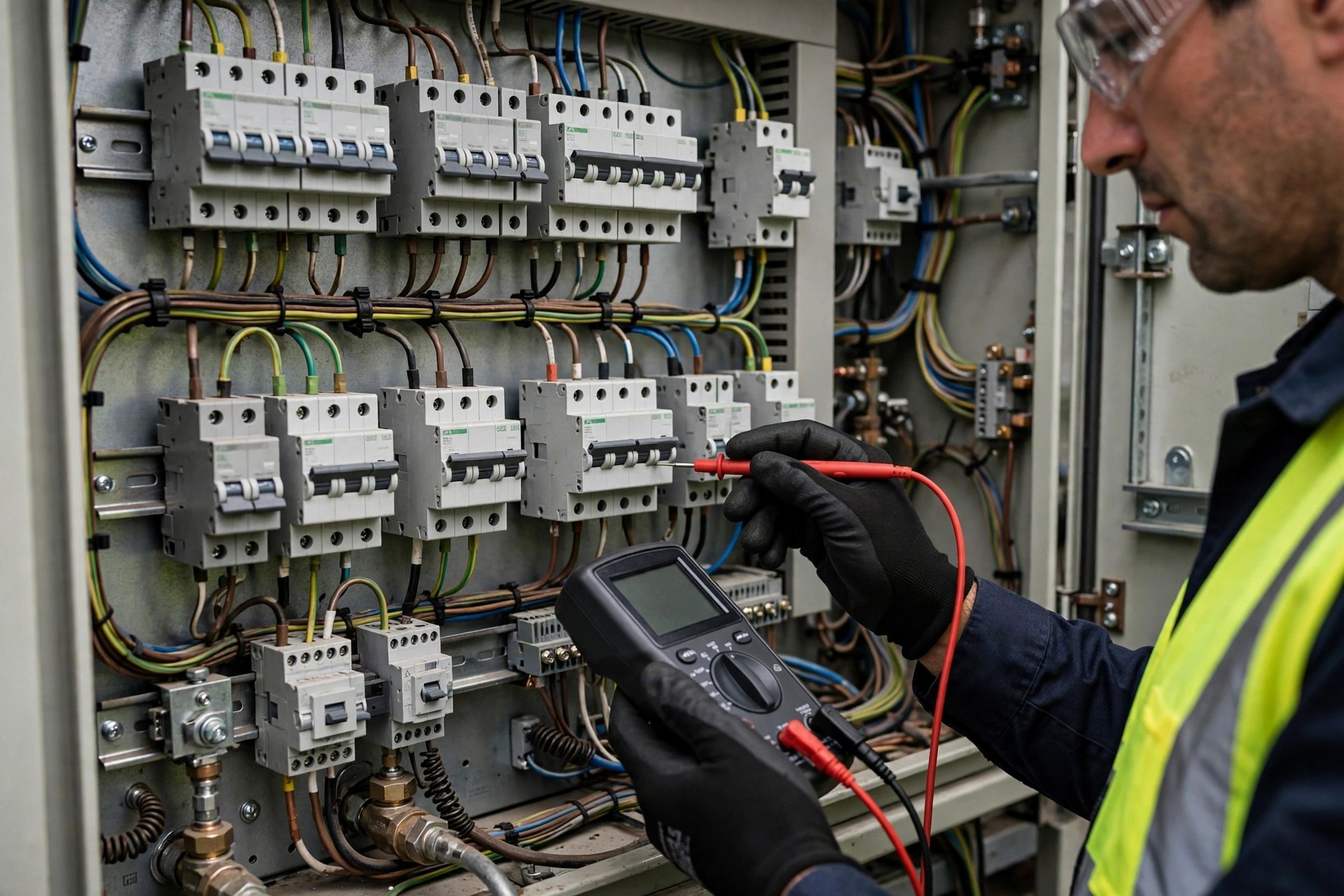 Engineer inspecting breakers and wiring inside an industrial control cabinet
