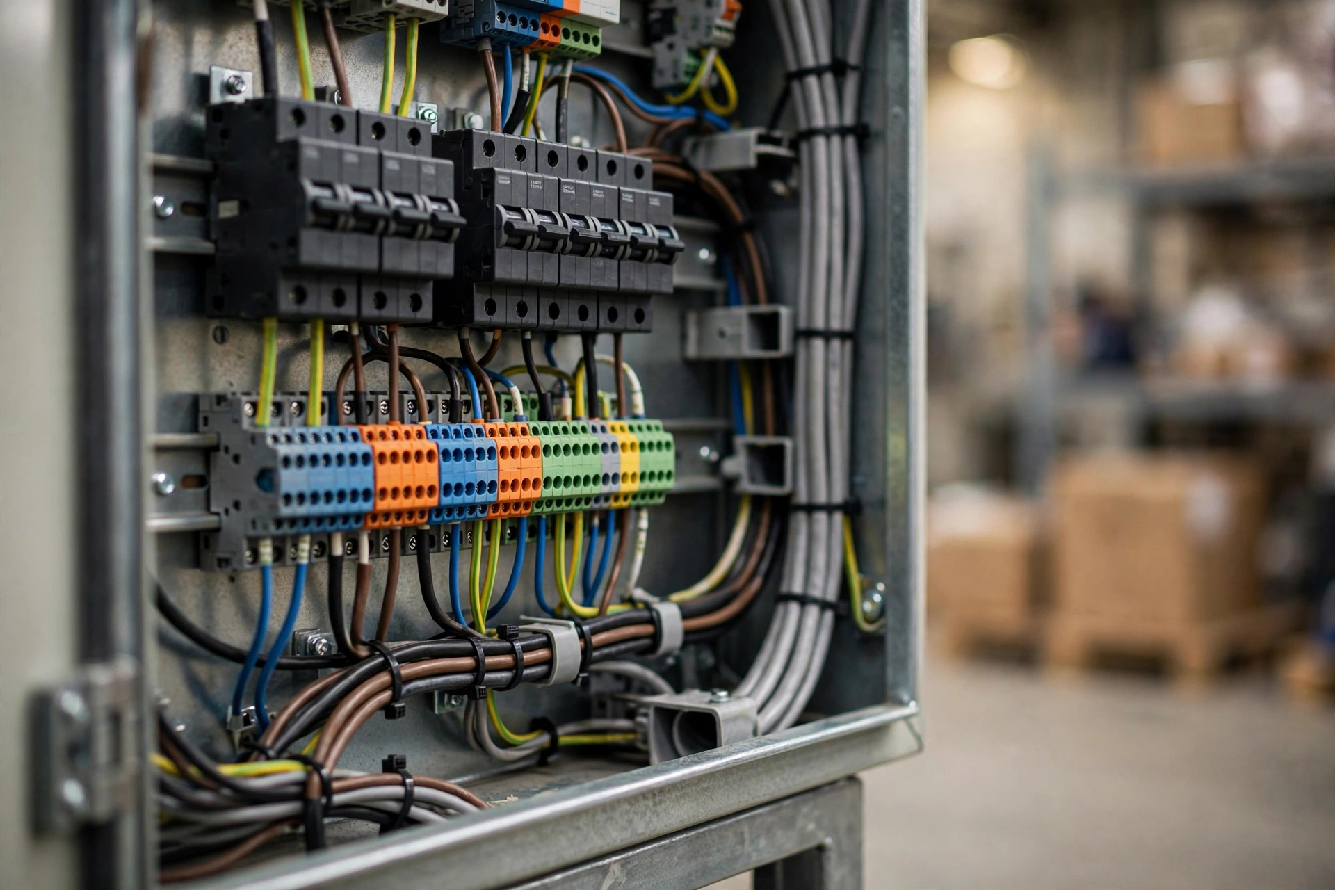 Primer plano del cableado dentro de un gabinete de control industrial