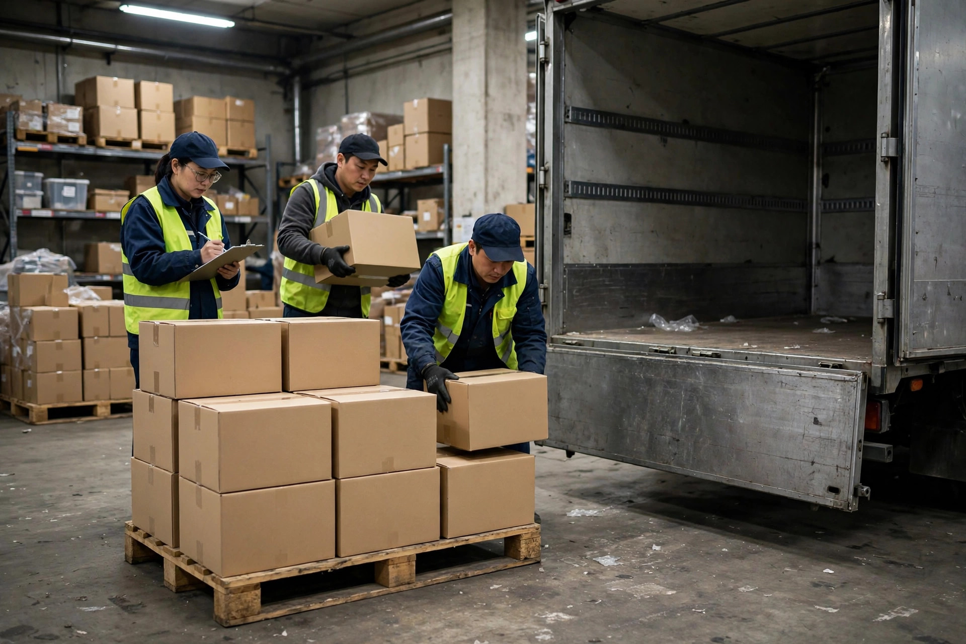 Trabajadores apilando cajas en un palé en la zona de recepción de un almacén