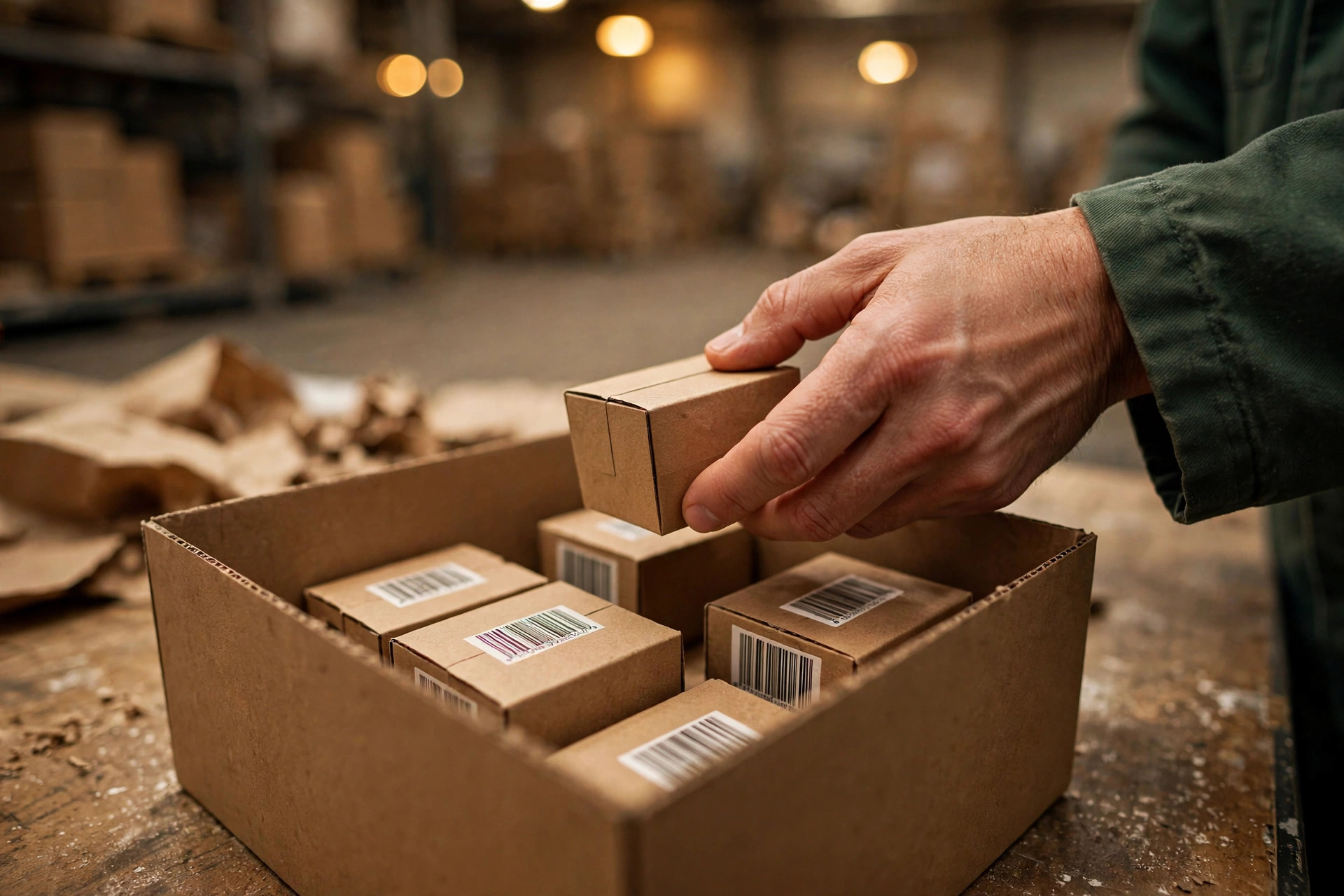 Warehouse worker scanning cartons of different sizes with a handheld scanner