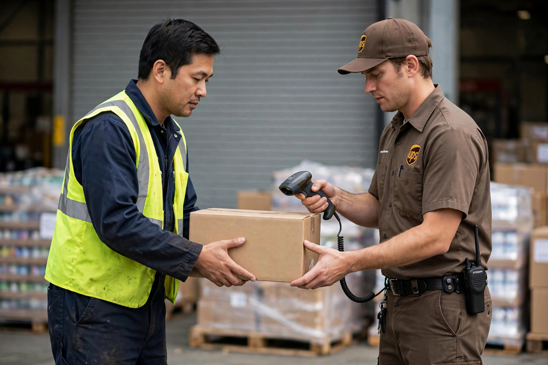 UPS driver picking up packages at a small warehouse dock