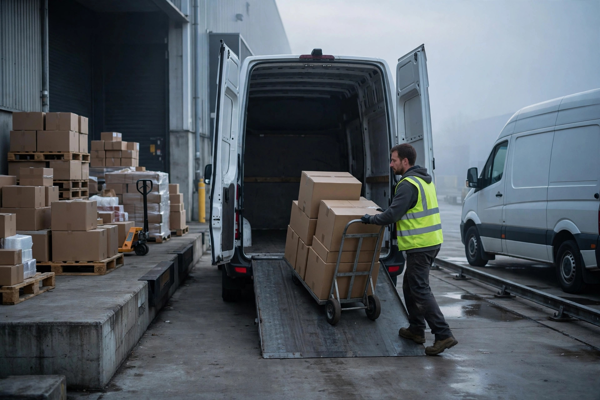 Parcel boxes moving on a conveyor belt inside a large sorting hub