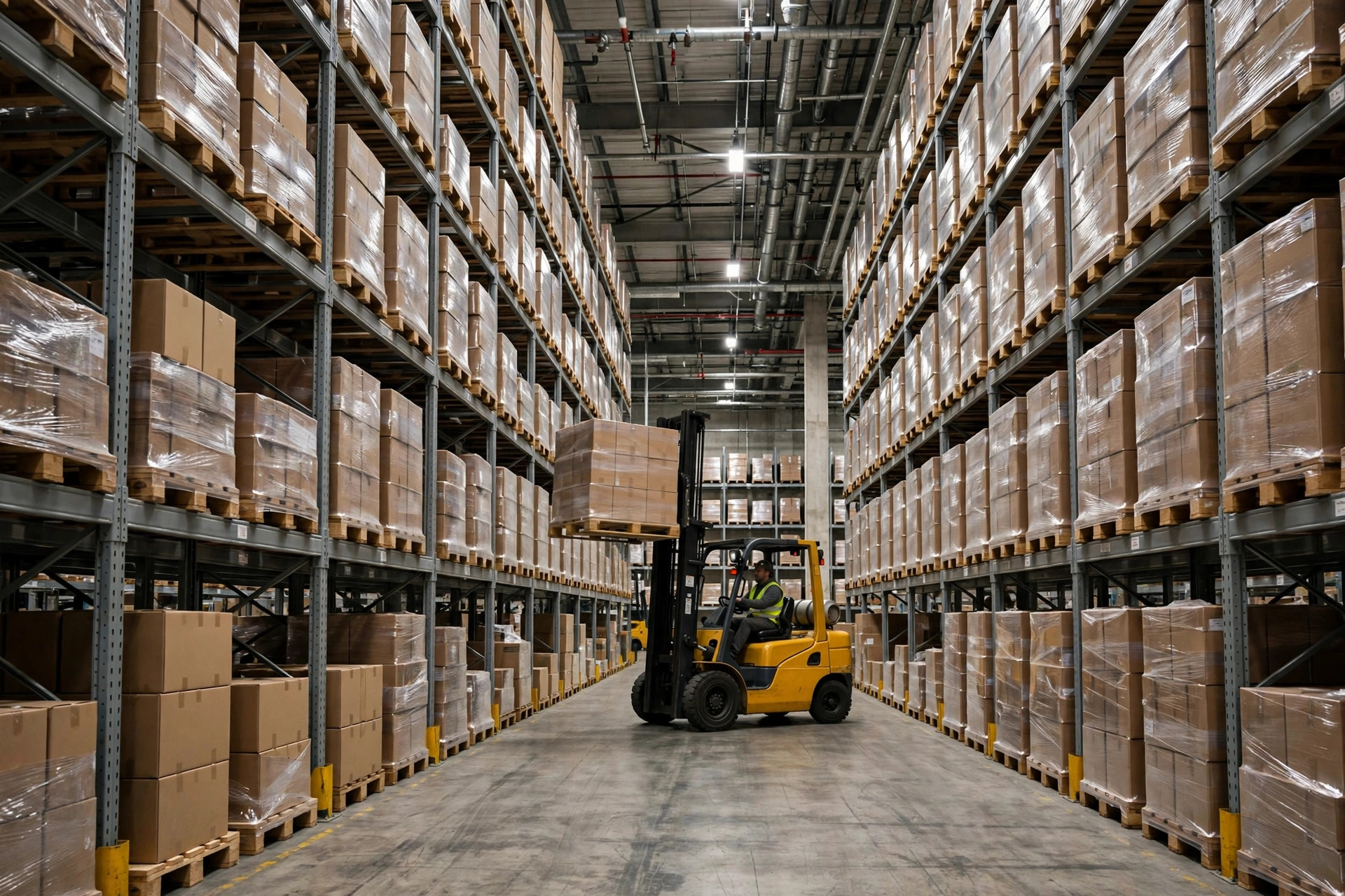 High-bay racking area with forklift in operation