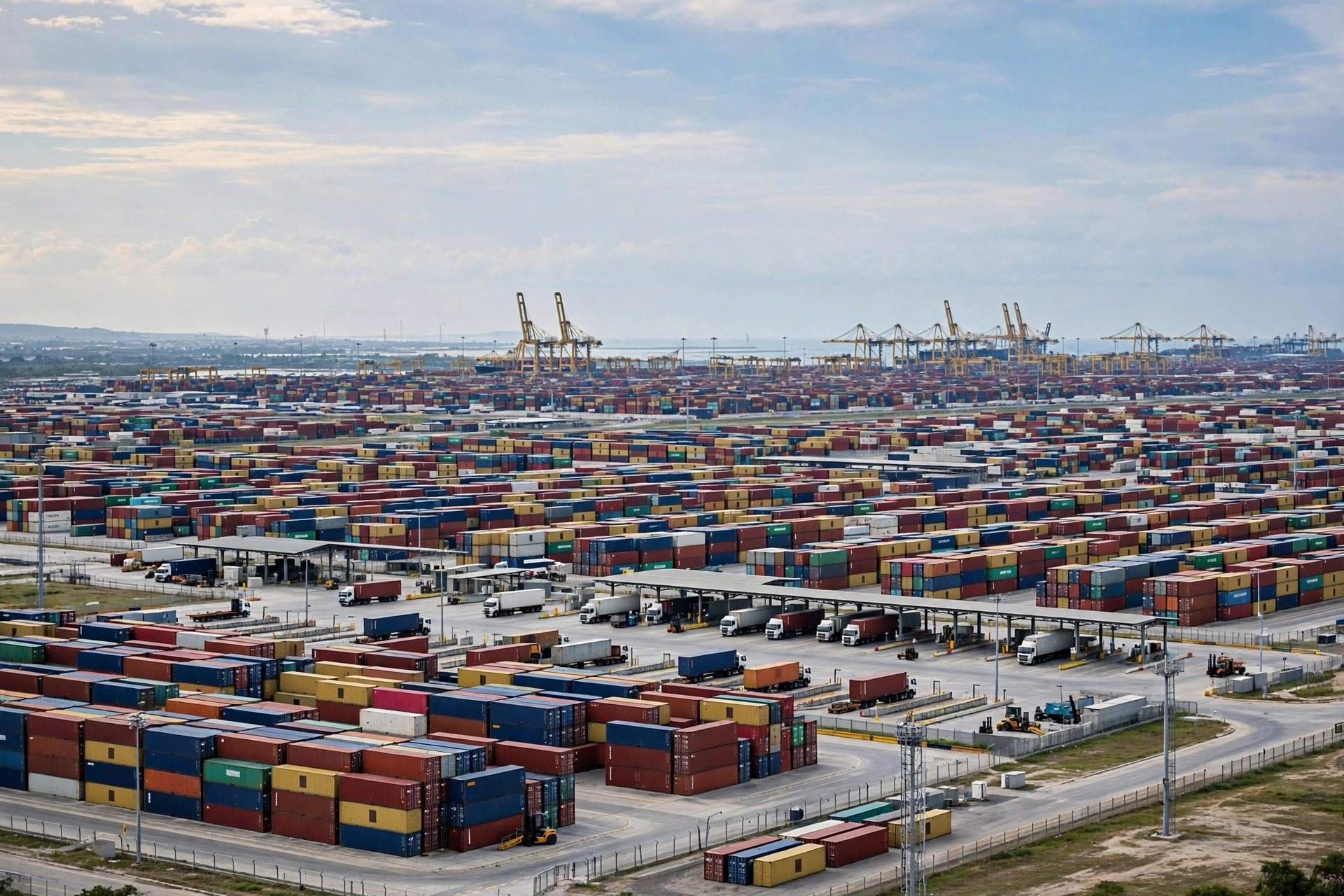 Vista a lo lejos de un área de inspección de terminal de contenedores con contenedores apilados