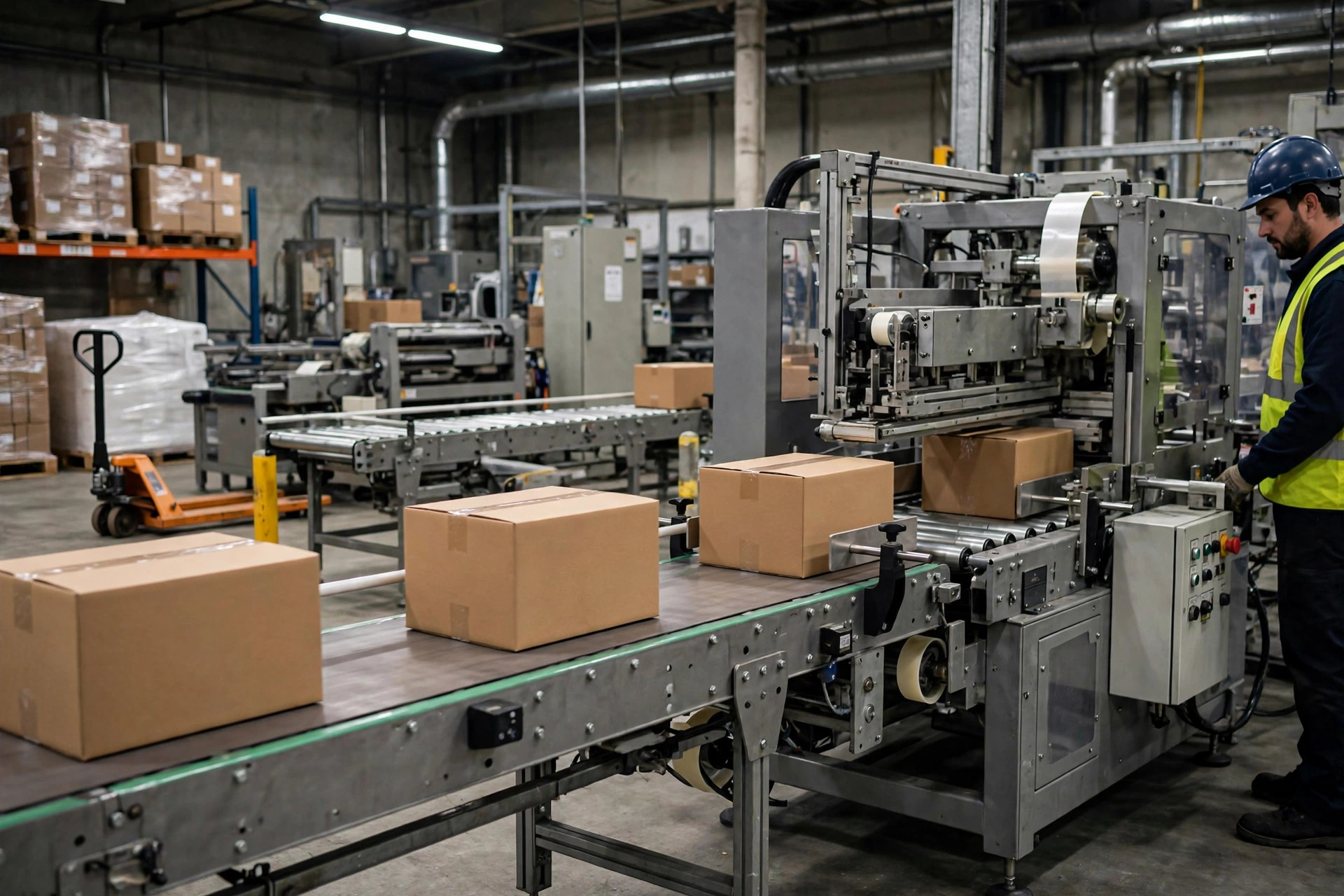 Automated carton sealing and packing line running in a warehouse