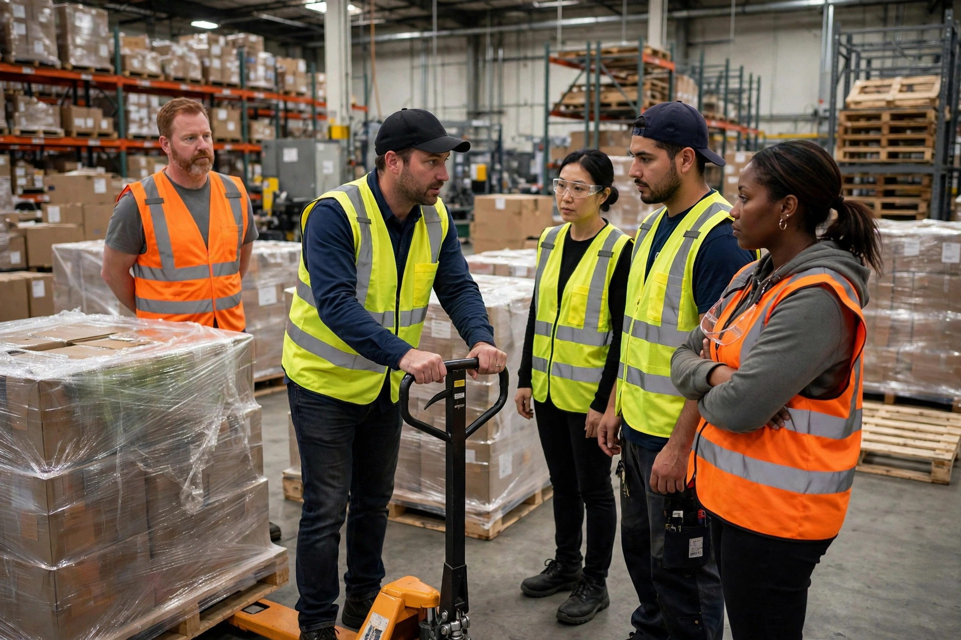 Warehouse training session: a supervisor demonstrating pallet jack operation to new hires from diverse backgrounds