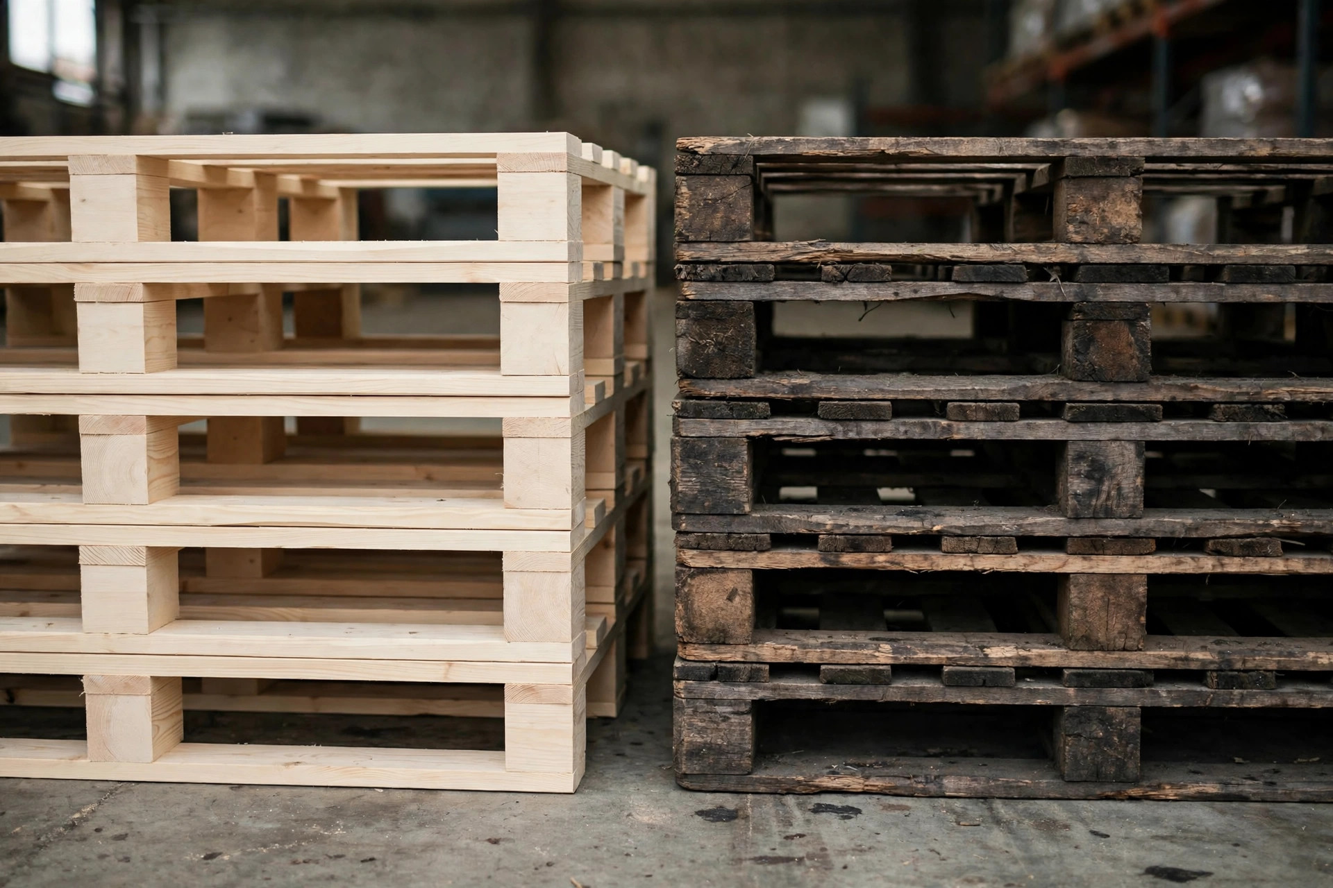 New and used pallets stacked side by side for comparison
