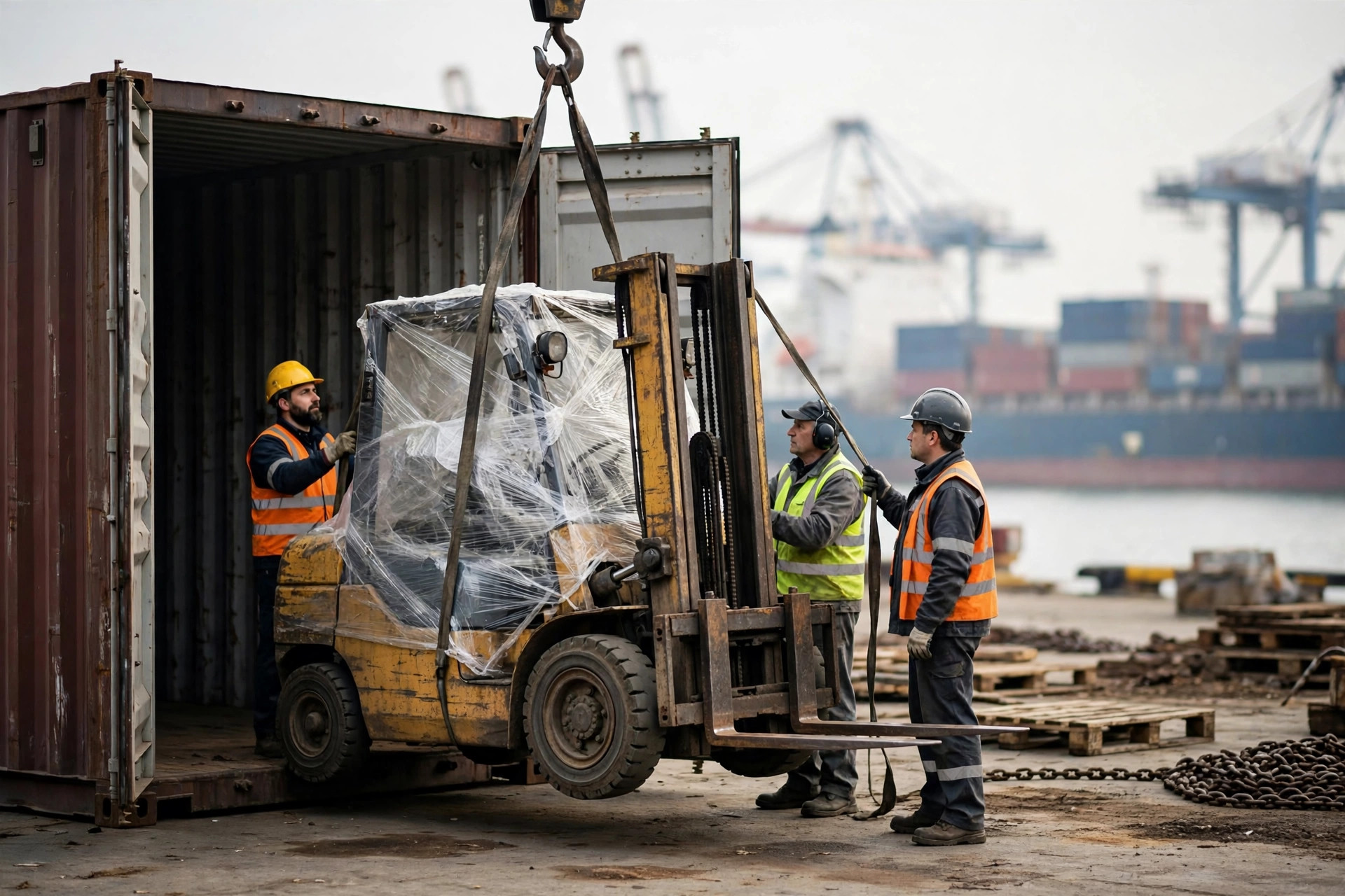 Used forklift being unloaded from a container at the port