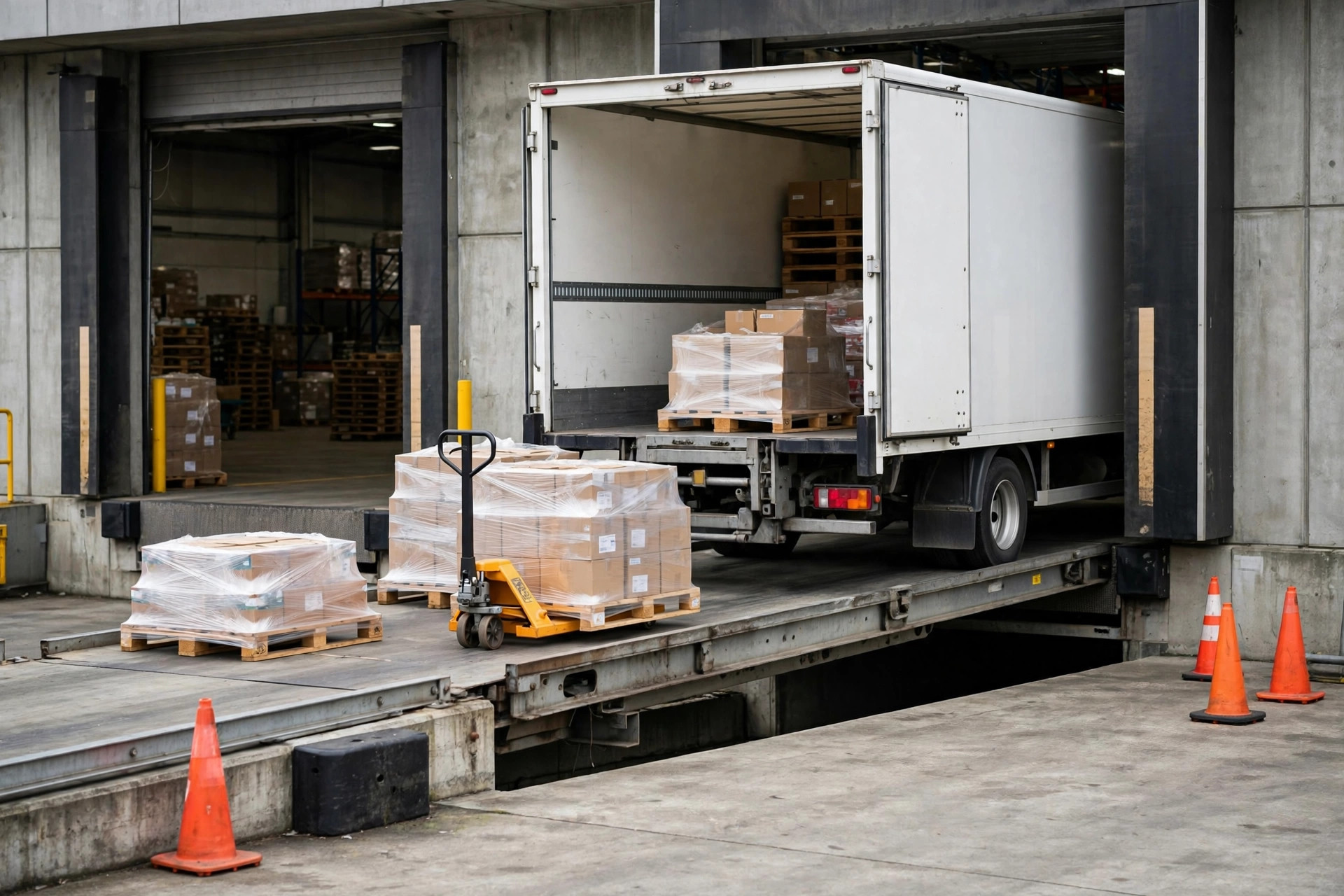 Supplier truck unloading pallets at a warehouse dock