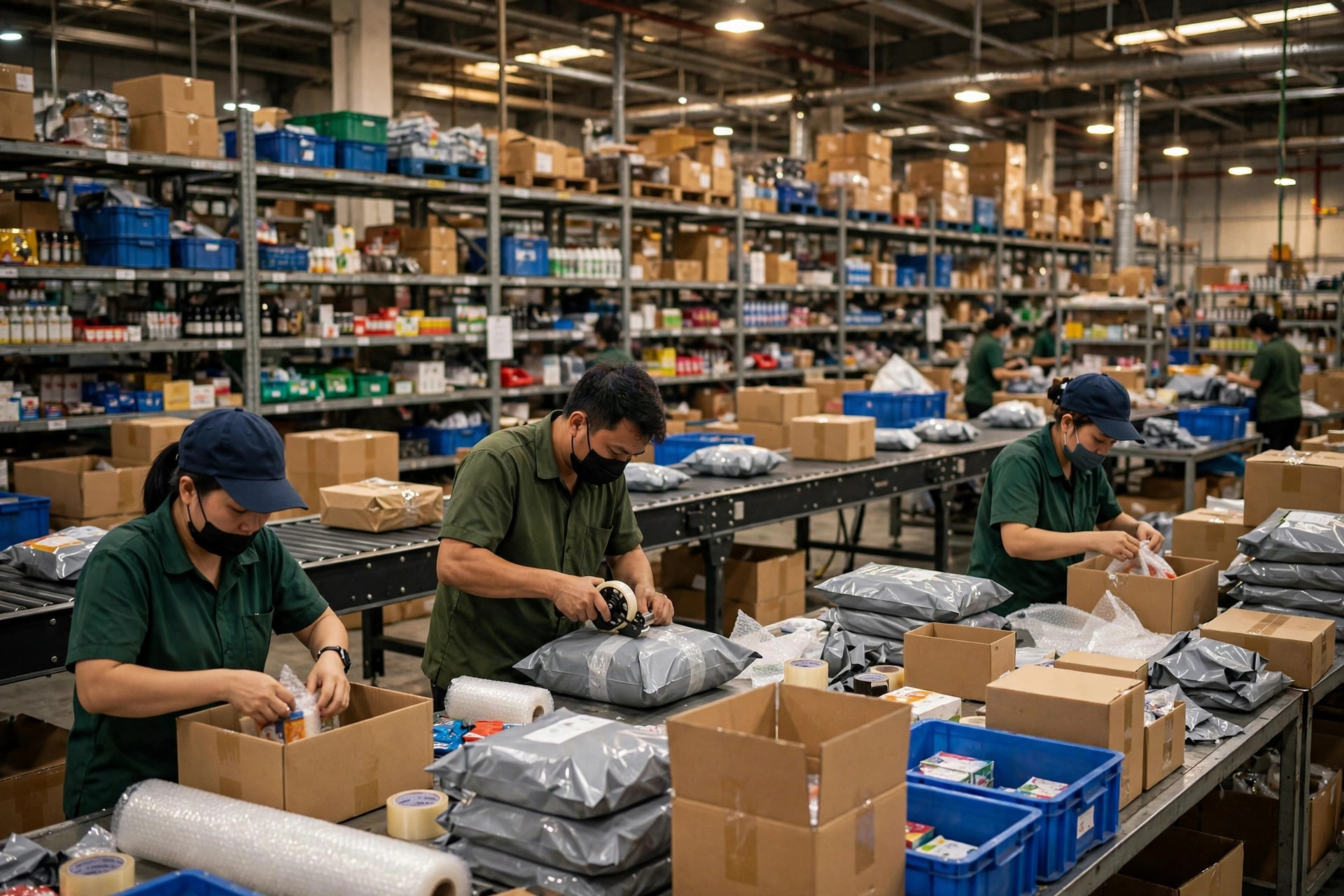 Workers packing cross-border e-commerce parcels in an overseas warehouse