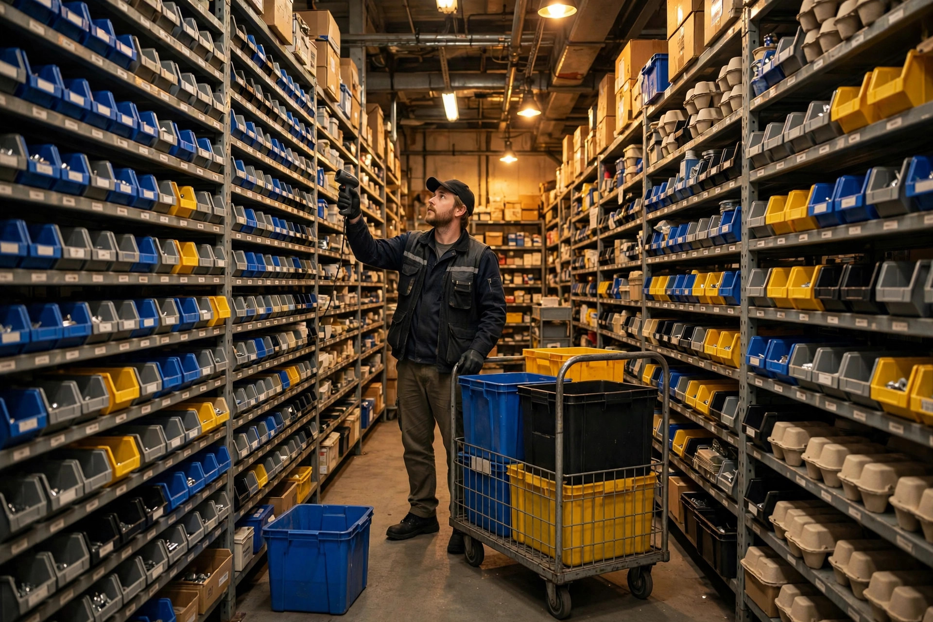 小批量多品种仓库密集货架区,拣选员手持终端核对货位