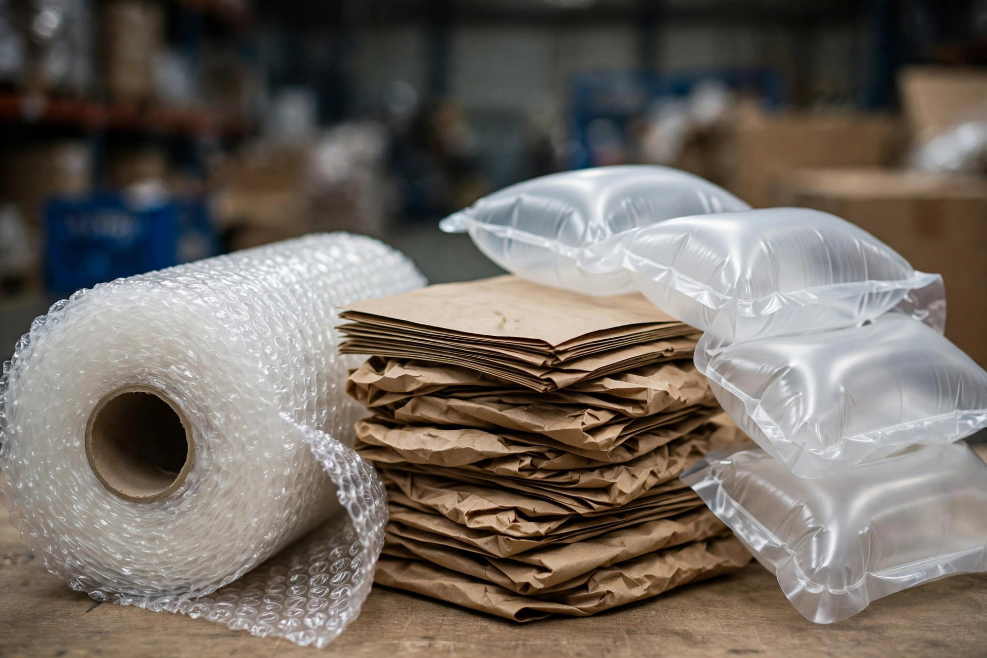 Rollo de plástico de burbujas, cojines de papel kraft y almohadillas de aire