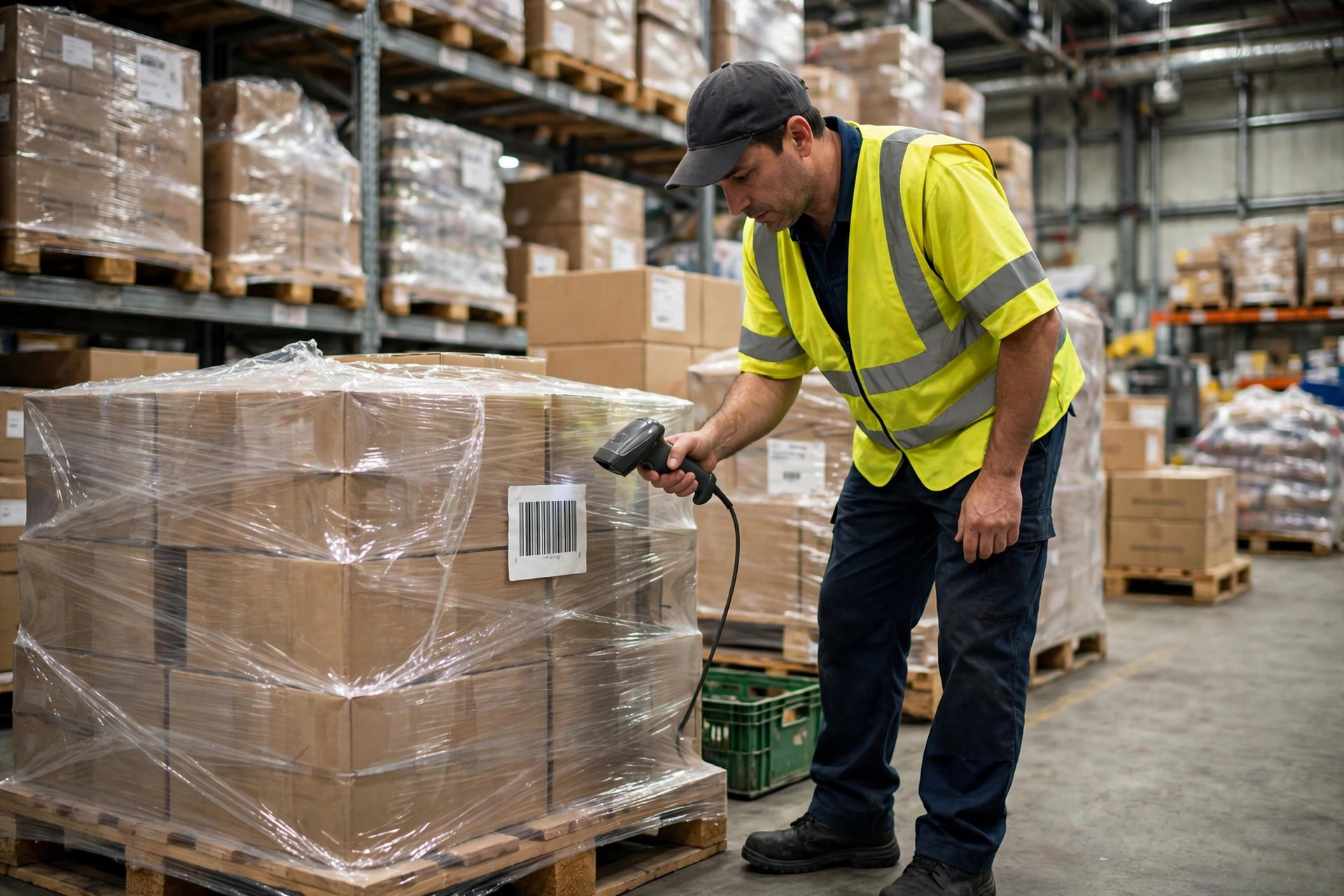 Warehouse worker scanning outbound pallets