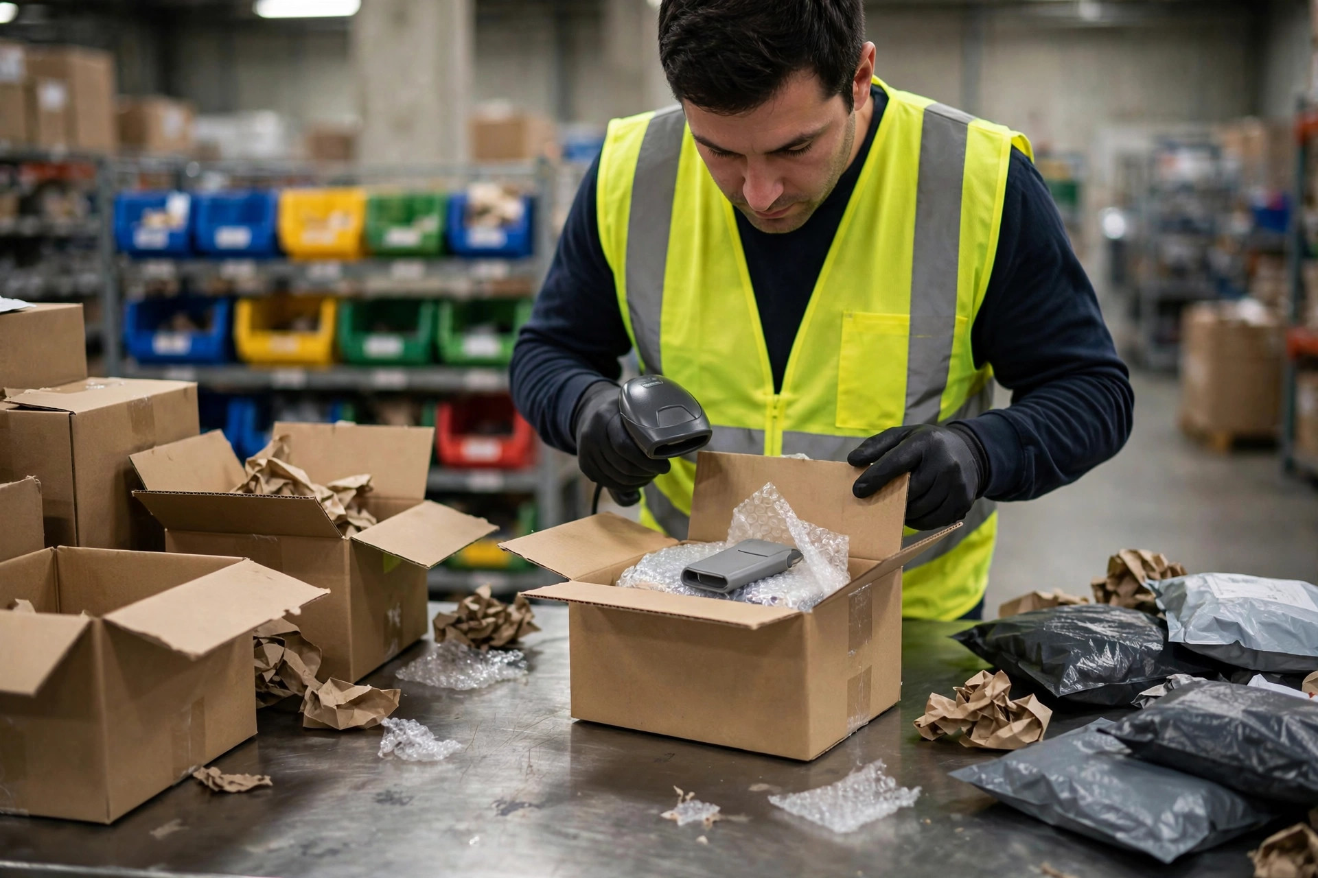 Worker unpacking and inspecting returned e-commerce parcels in a warehouse returns processing area