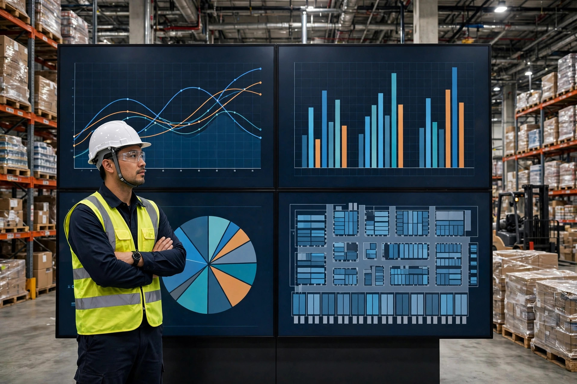 Ingeniero revisando la pantalla del panel de operaciones del almacén