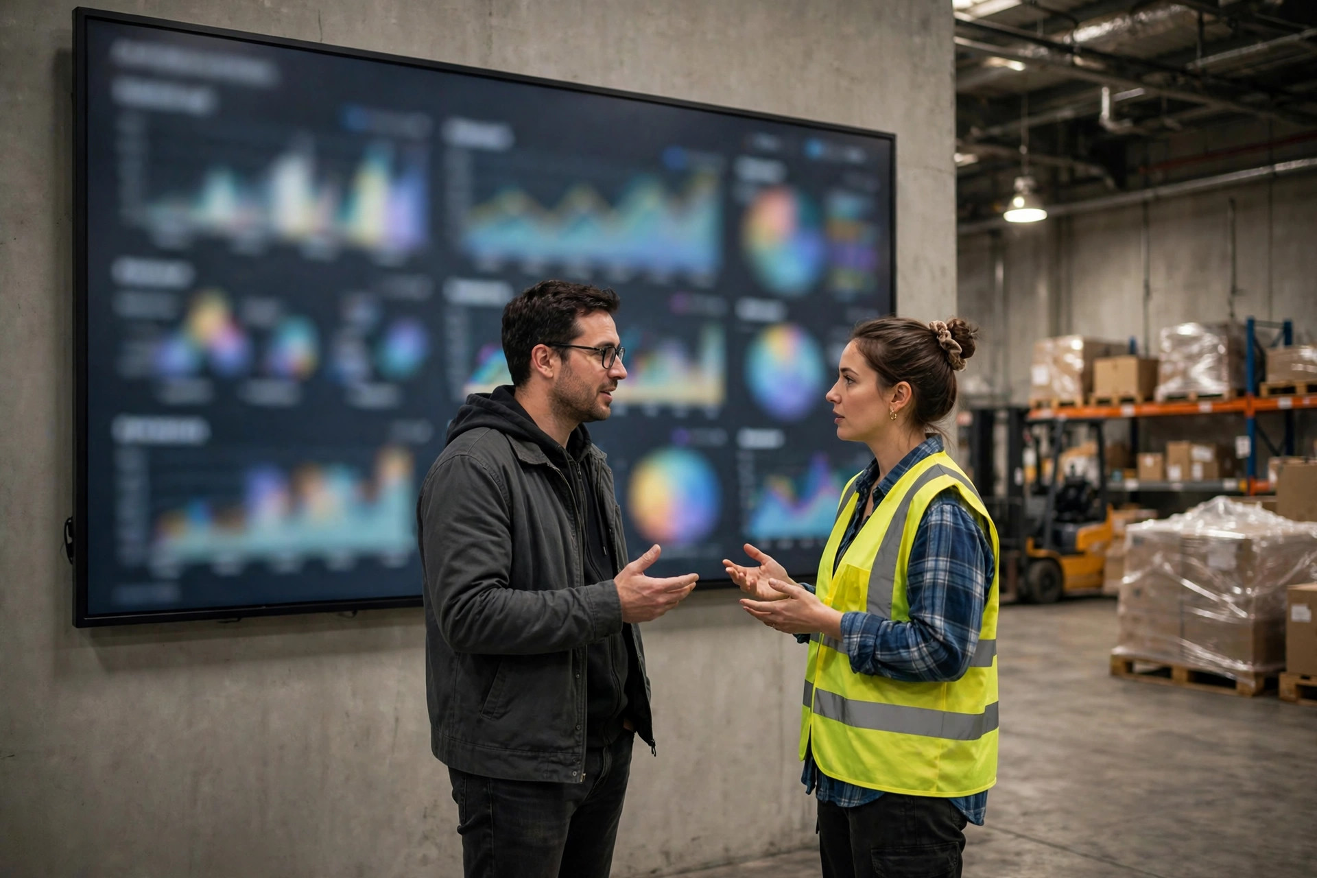 Two warehouse staff discussing replenishment in front of an operations dashboard