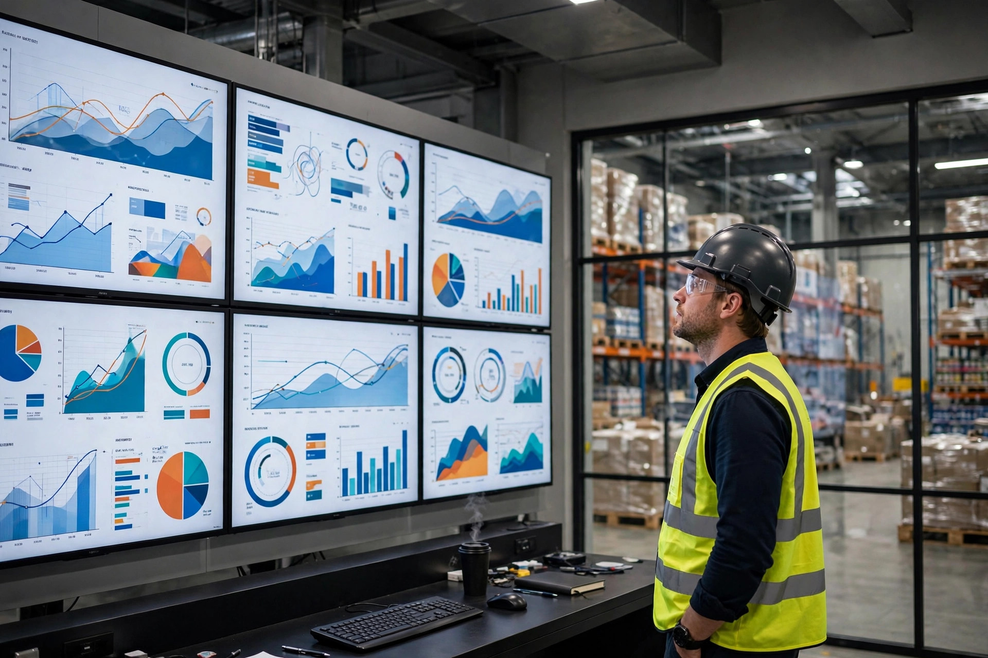 An engineer in front of a warehouse data monitoring dashboard